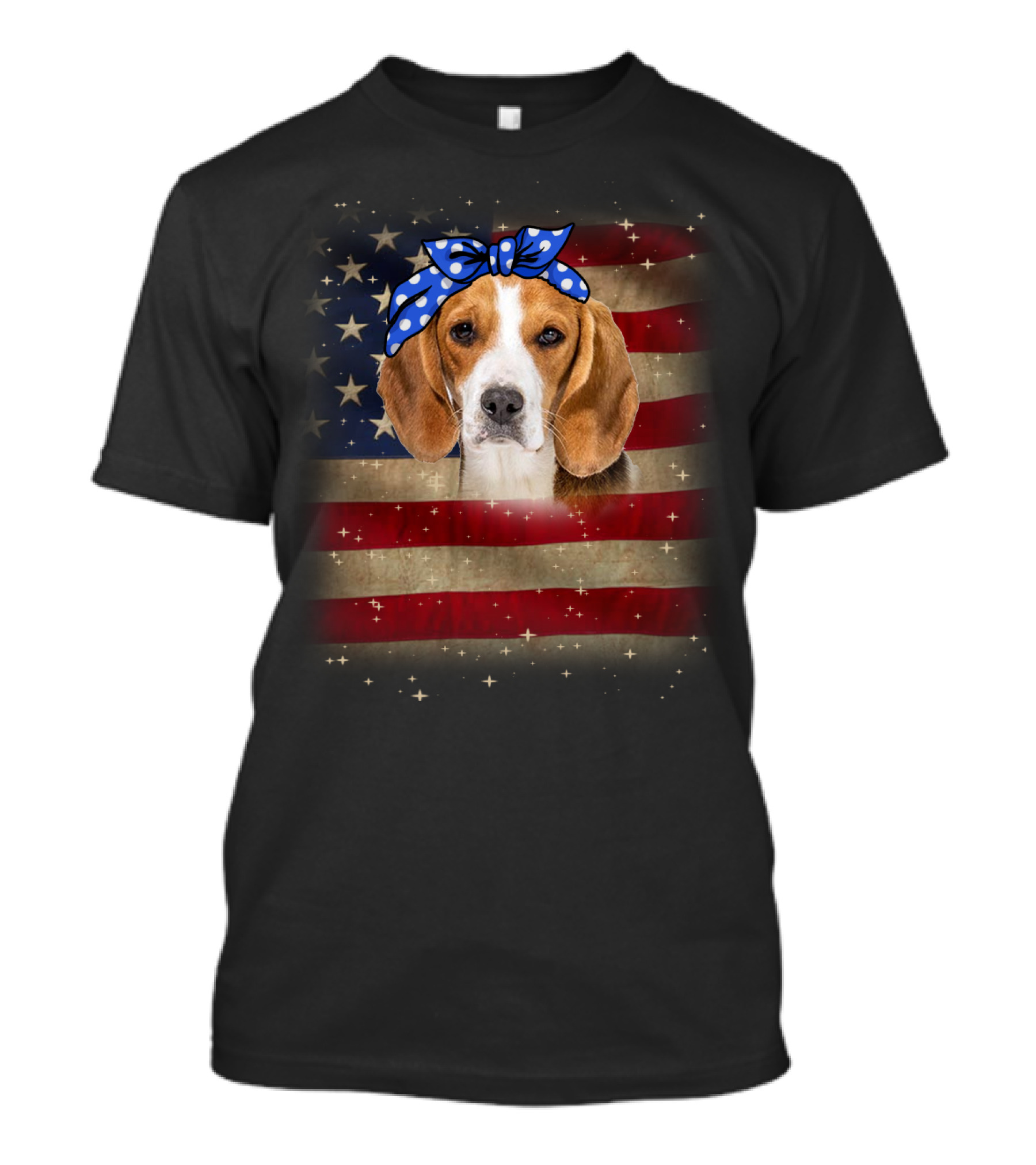 Beagle With Blue Polka Dot Bow On American Flag Background T-Shirt