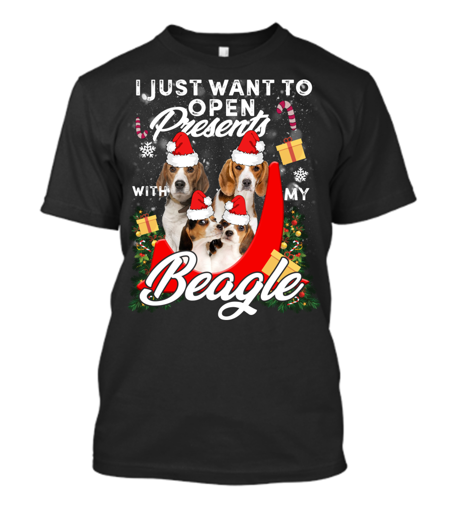 I Just Want To Open Presents With My Beagle Christmas Santa Hats Candy Canes Snowflakes T-Shirt