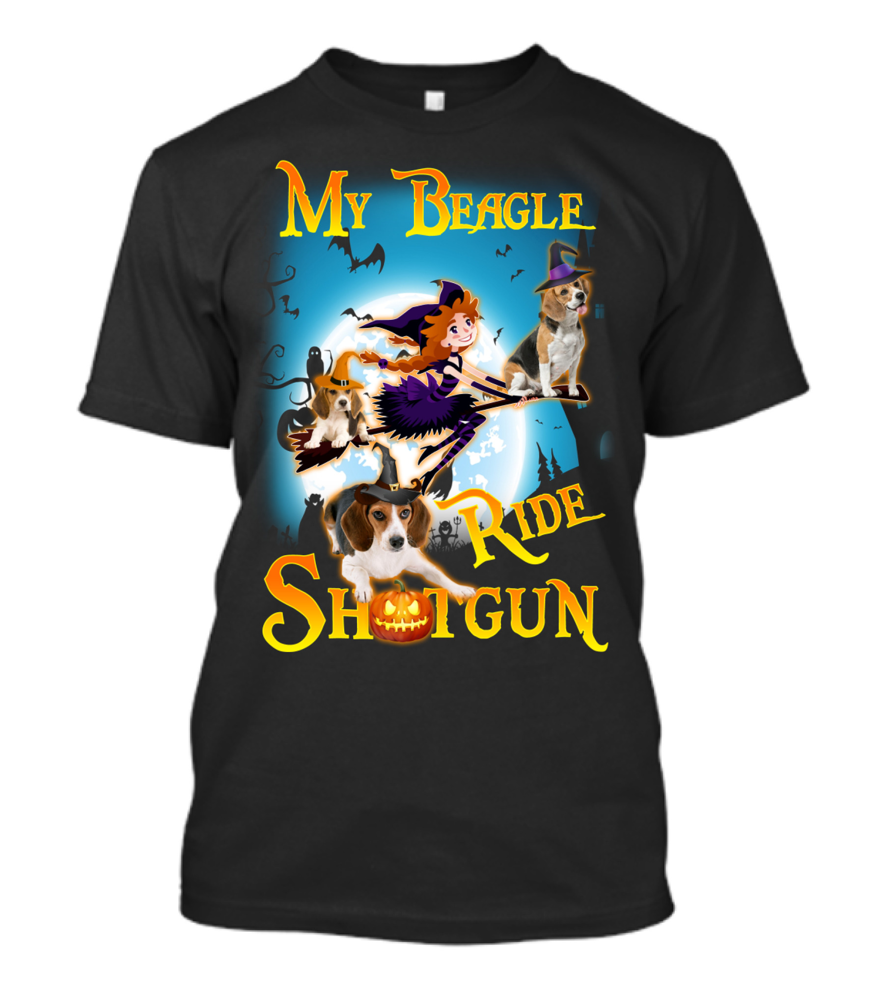 My Beagle Ride Shotgun Witch Halloween Beagle Bats Moon Jack O Lantern T-Shirt