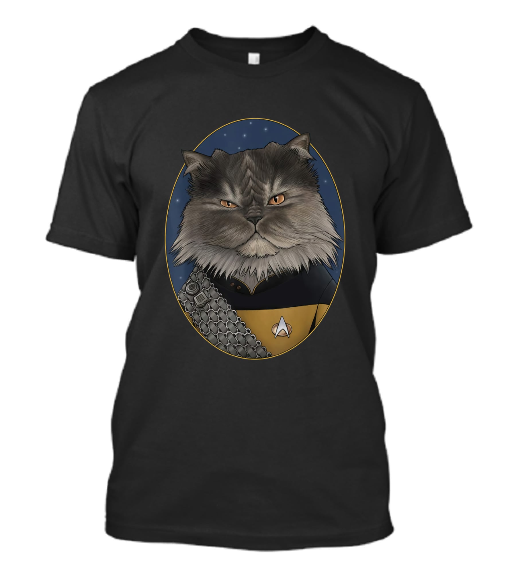 Star Trek Worf Cat In Starfleet Uniform With Klingon Sash And Emblem T-Shirt