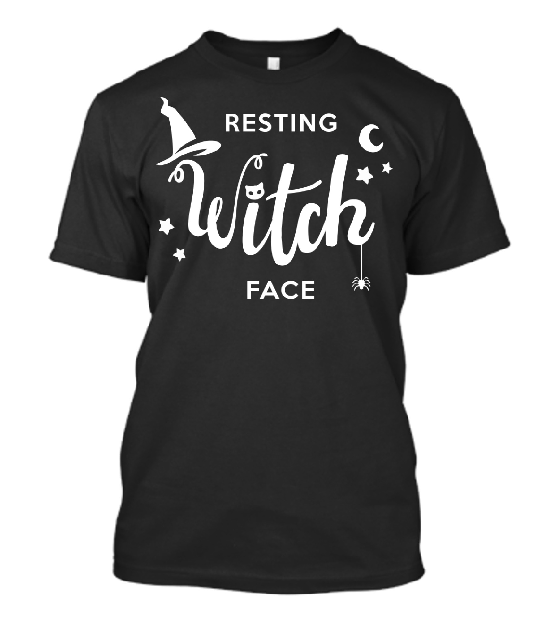 Resting Witch Face Hat Stars Moon Spider Cat T-Shirt