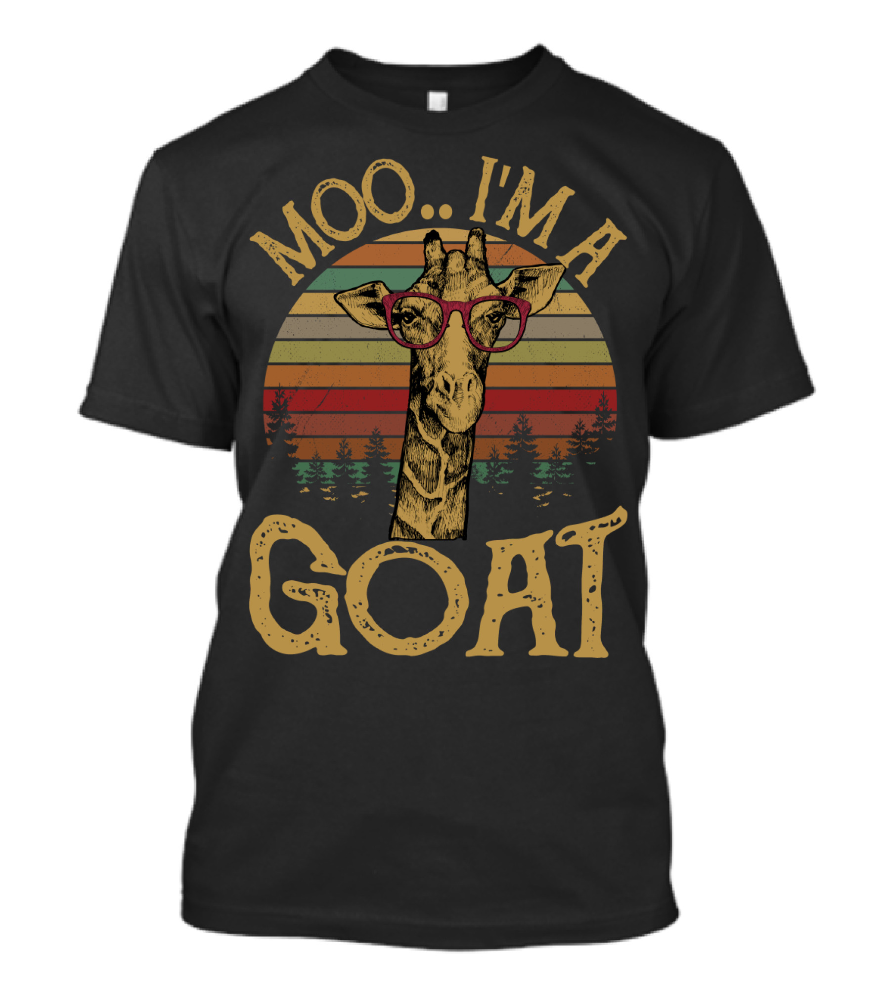 Moo I'm A Goat Retro Giraffe With Glasses And Forest Sunset T-Shirt
