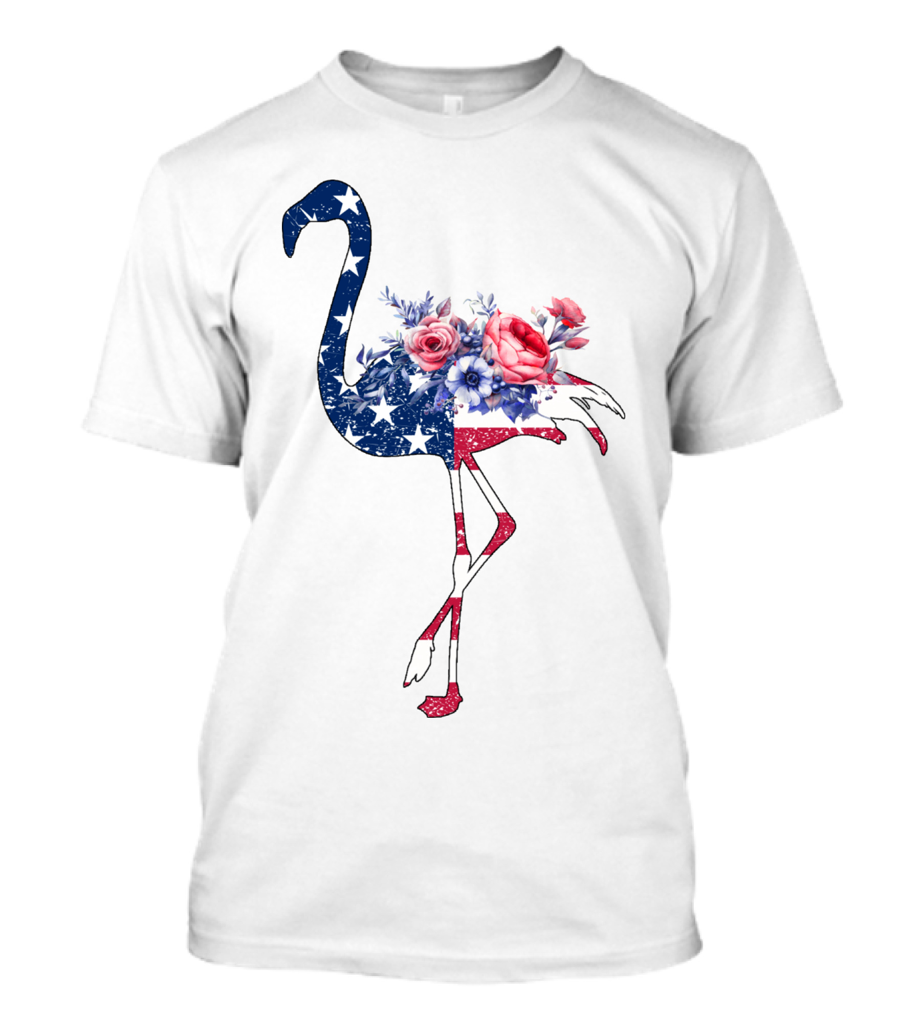 Flamingo American Flag Stars And Stripes With Floral T-Shirt