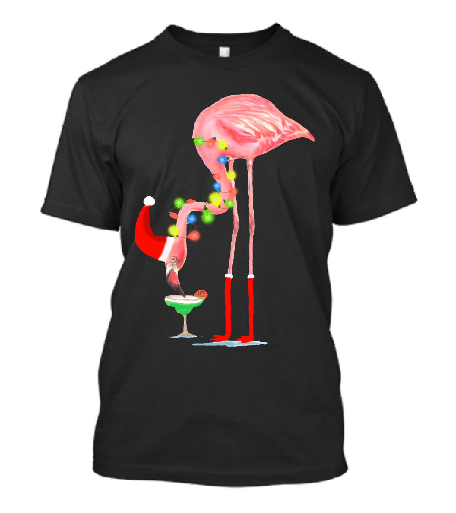 Flamingo Christmas Cocktail Santa Hat And Lights T-Shirt