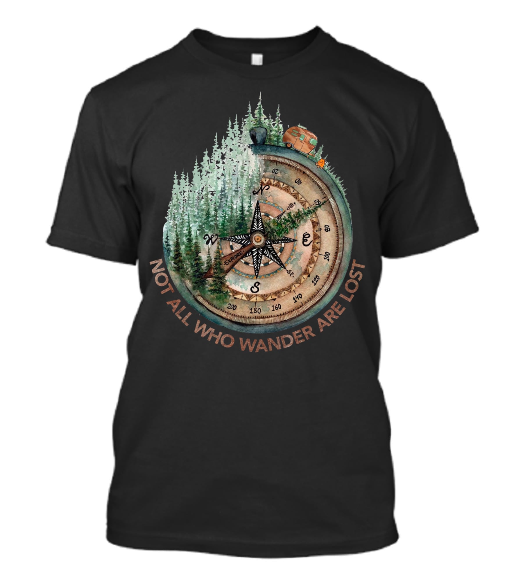 Not All Who Wander Are Lost Adventure Compass Forest Scene T-Shirt