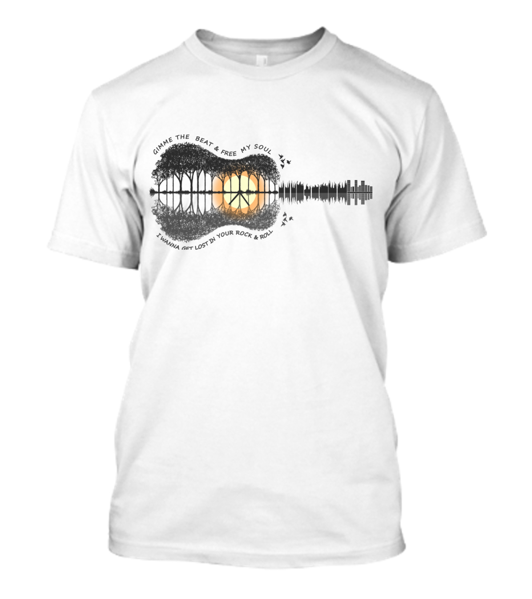 Gimme The Beat And Free My Soul I Wanna Get Lost In Your Rock And Roll Guitar Skyline Sunset T-Shirt