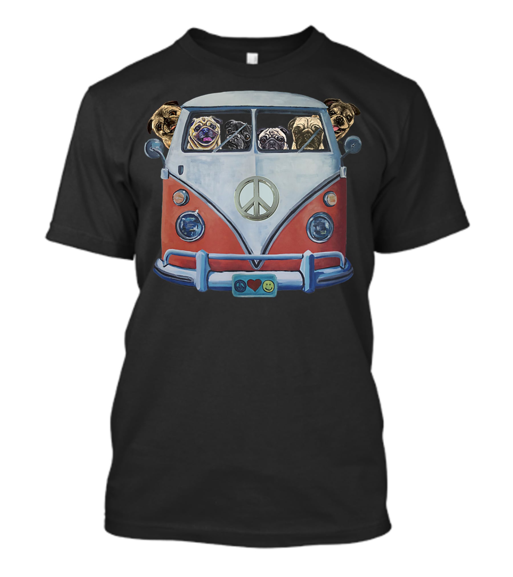 Pug Faces In Iconic Hippie Van With Peace Symbol And Love Smile Elements T-Shirt