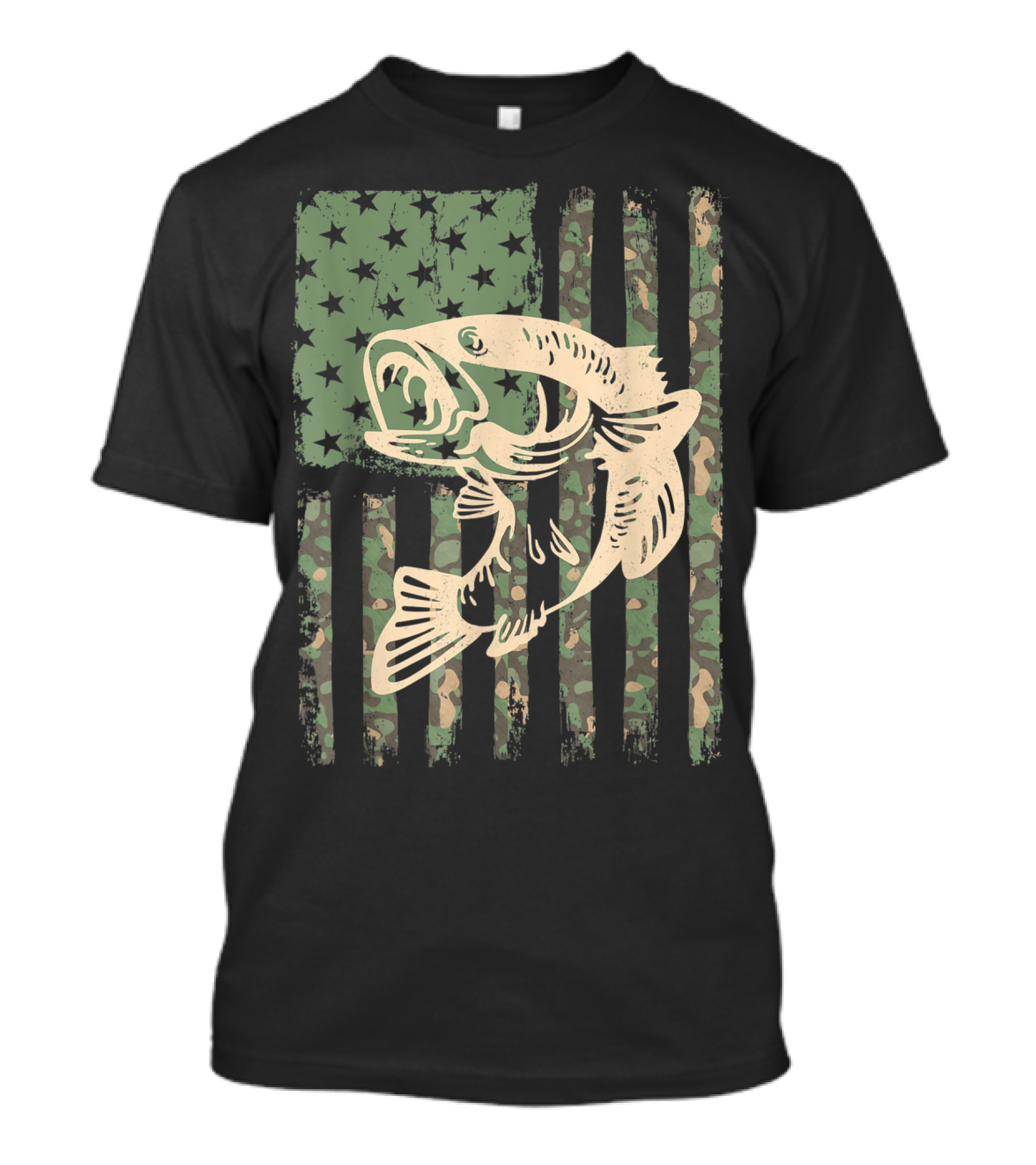 Camouflage USA Flag Big Mouth Bass Fishing T-Shirt