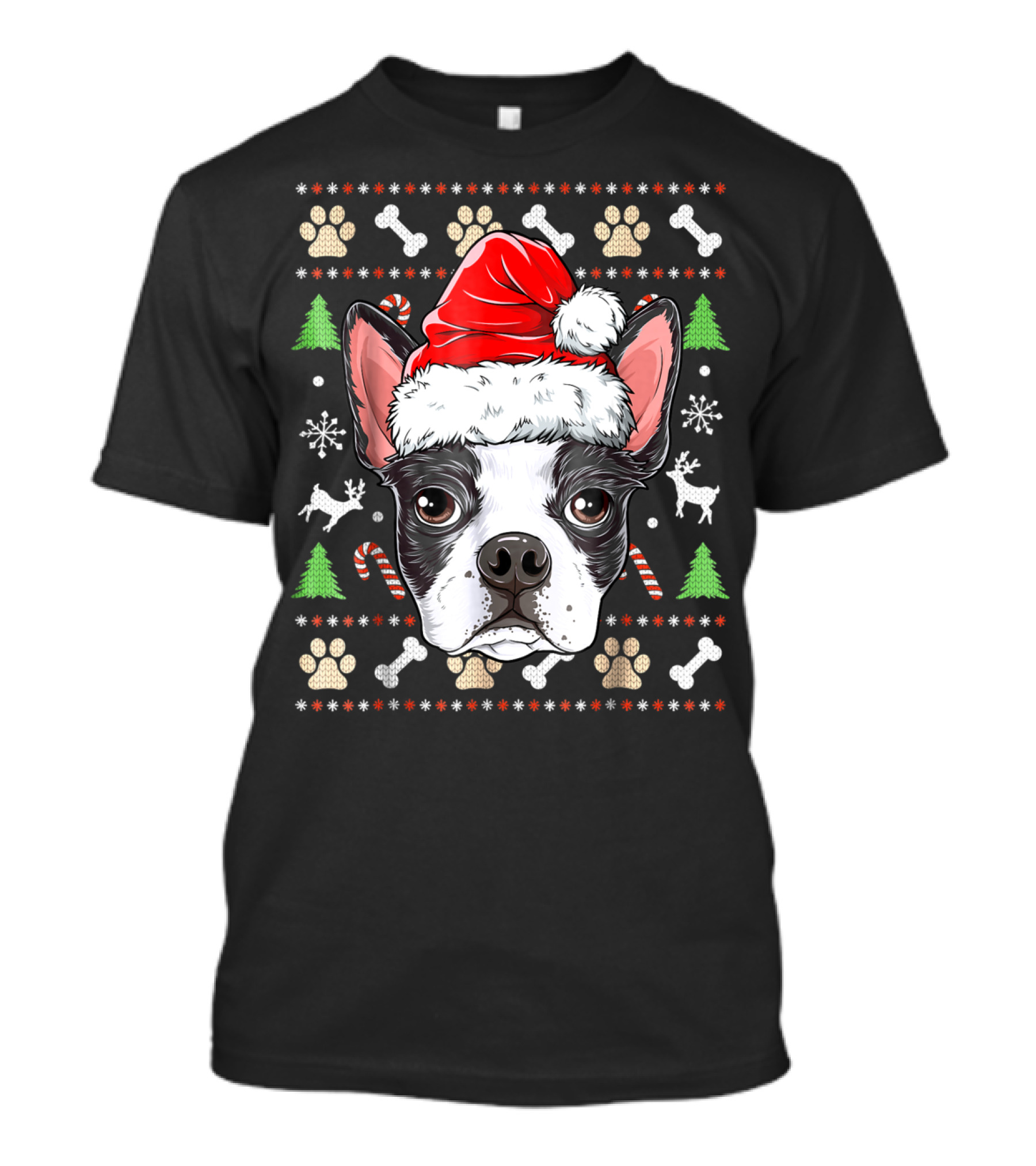 Boston Terrier Christmas Santa Hat Dog With Bones And Tree T-Shirt