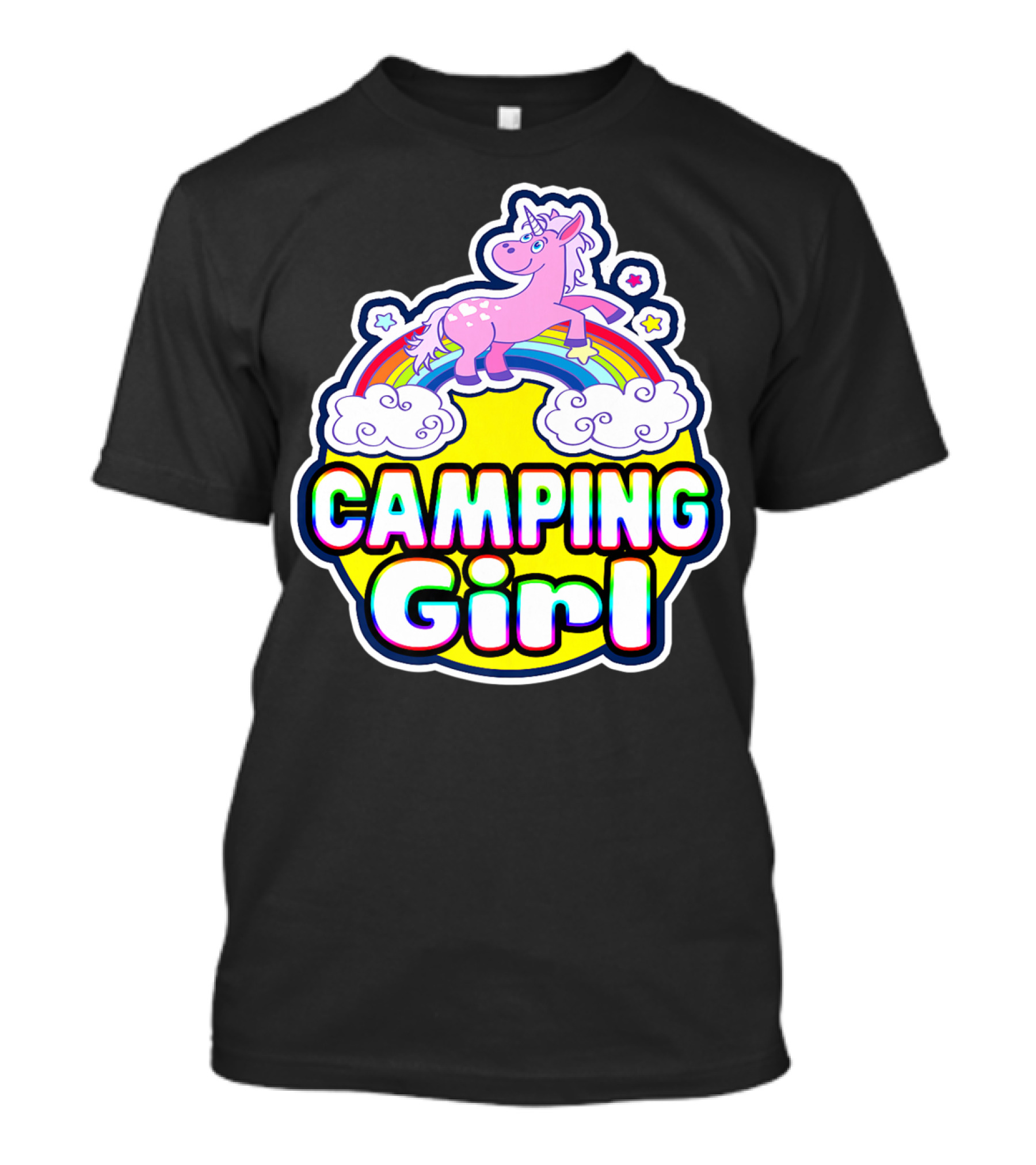 Camping Girl Rainbow Unicorn Cloud Adventure T-Shirt