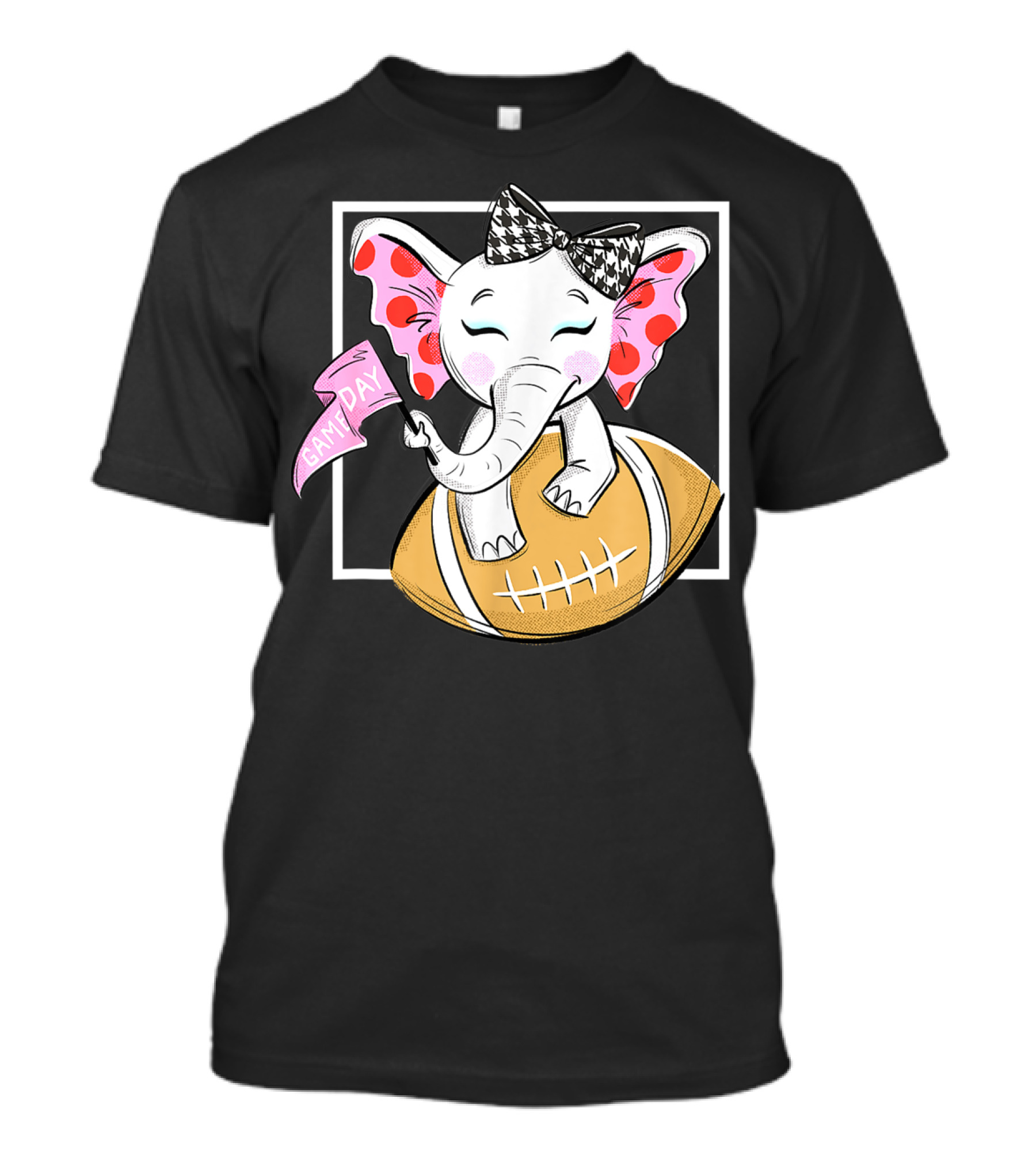 Game Day Elephant With Pink Flag And Houndstooth Bow On Football For Women And Girls Football T-Shirt