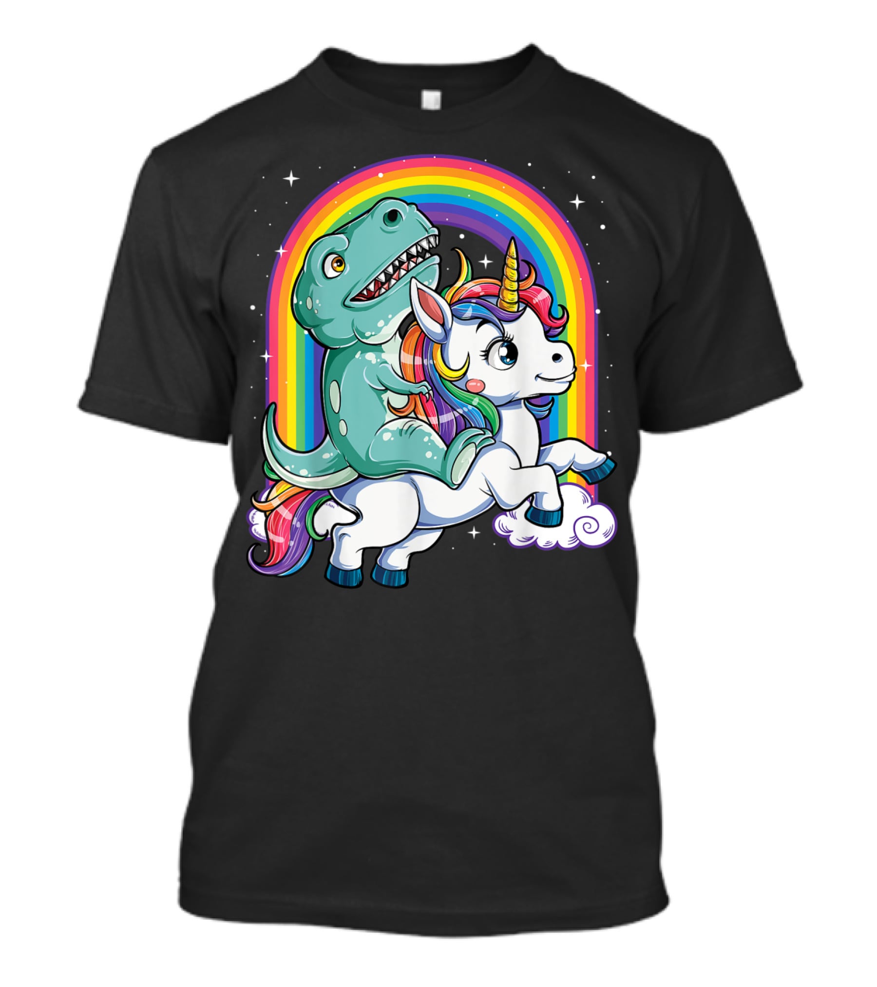 Dinosaur Riding Unicorn Rainbow Rex Sparkle Stars Fantasy T-Shirt