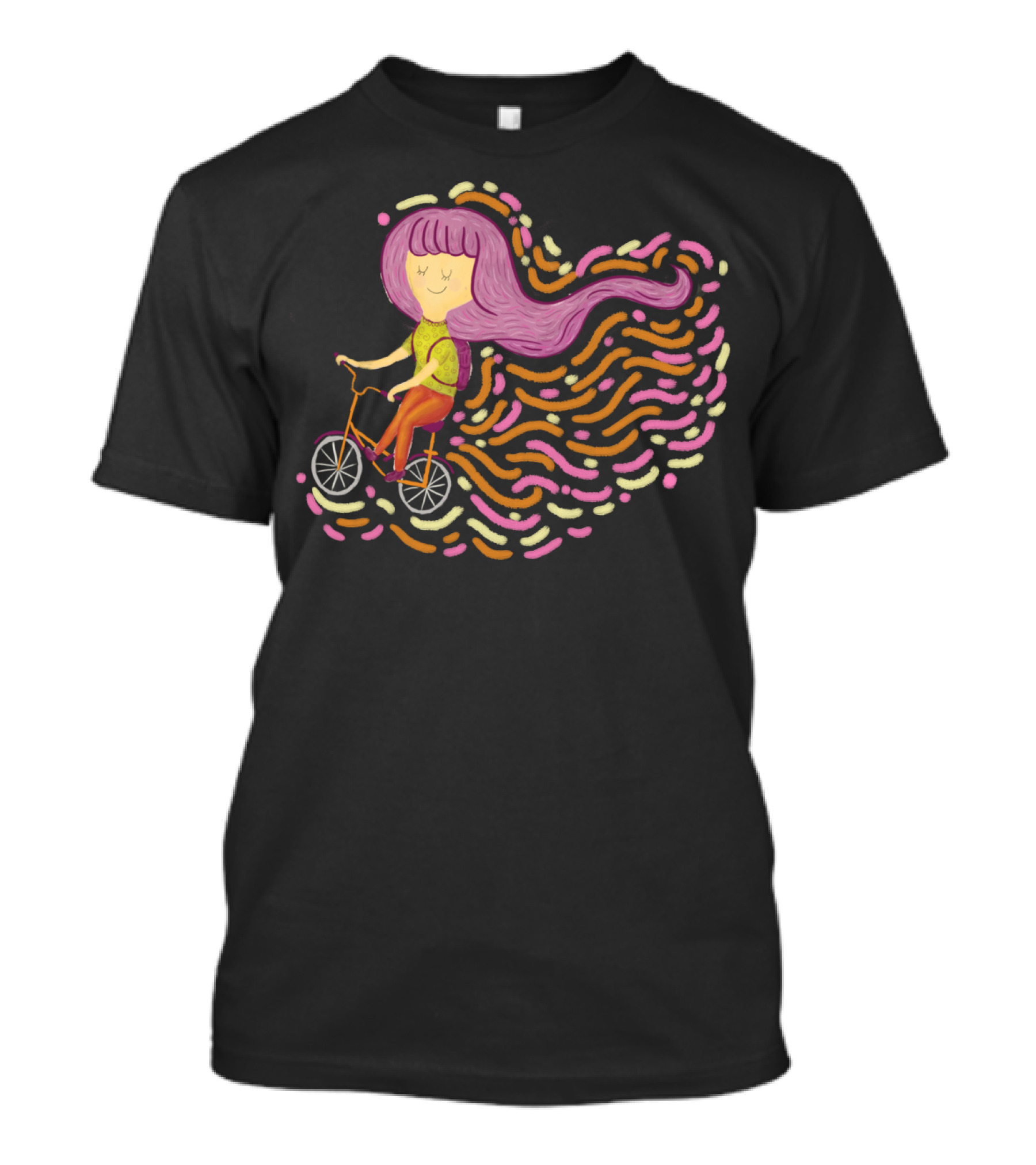 Claire Riding Bicycle With Flowing Pink Hair And Colorful Trails T-Shirt