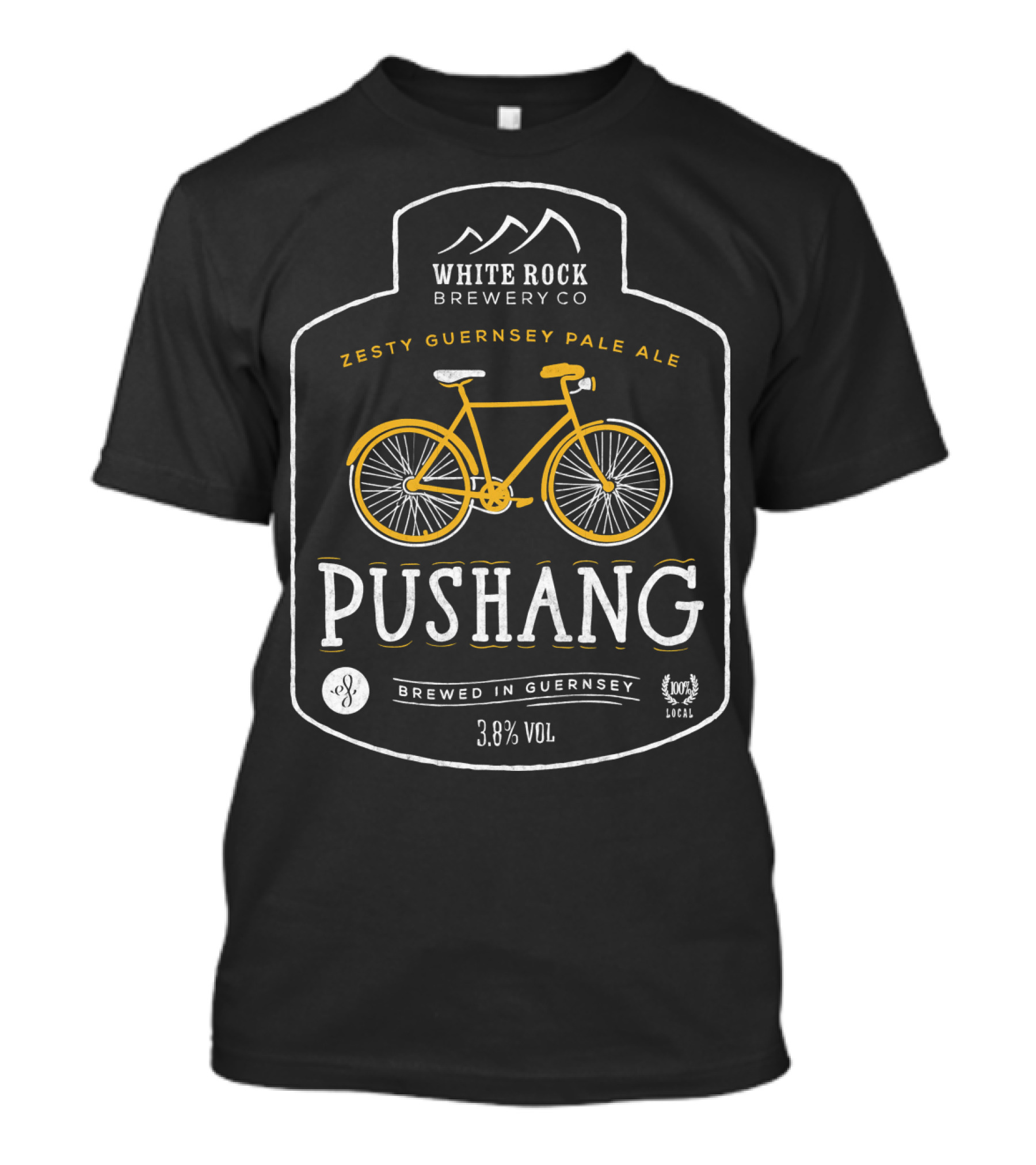 White Rock Brewery Co Pushang Zesty Guernsey Pale Ale 3.8% Vol Brewed In Guernsey Bike Label T-Shirt