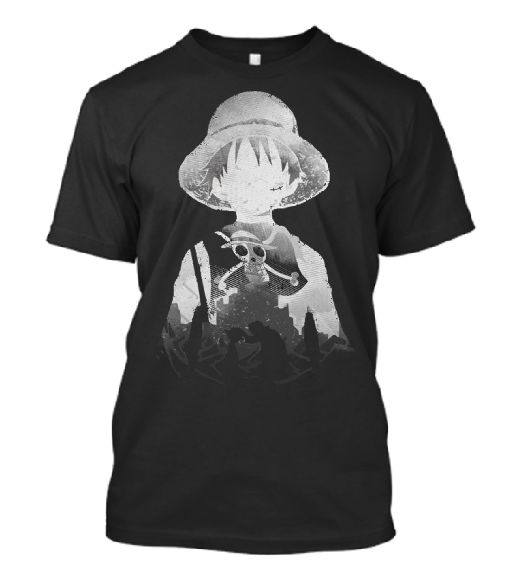 Monochrome Luffy Skull Silhouette Straw Hat Pirate T-Shirt