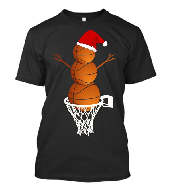 Basketball Snowman With Santa Hat In Hoop T-Shirt