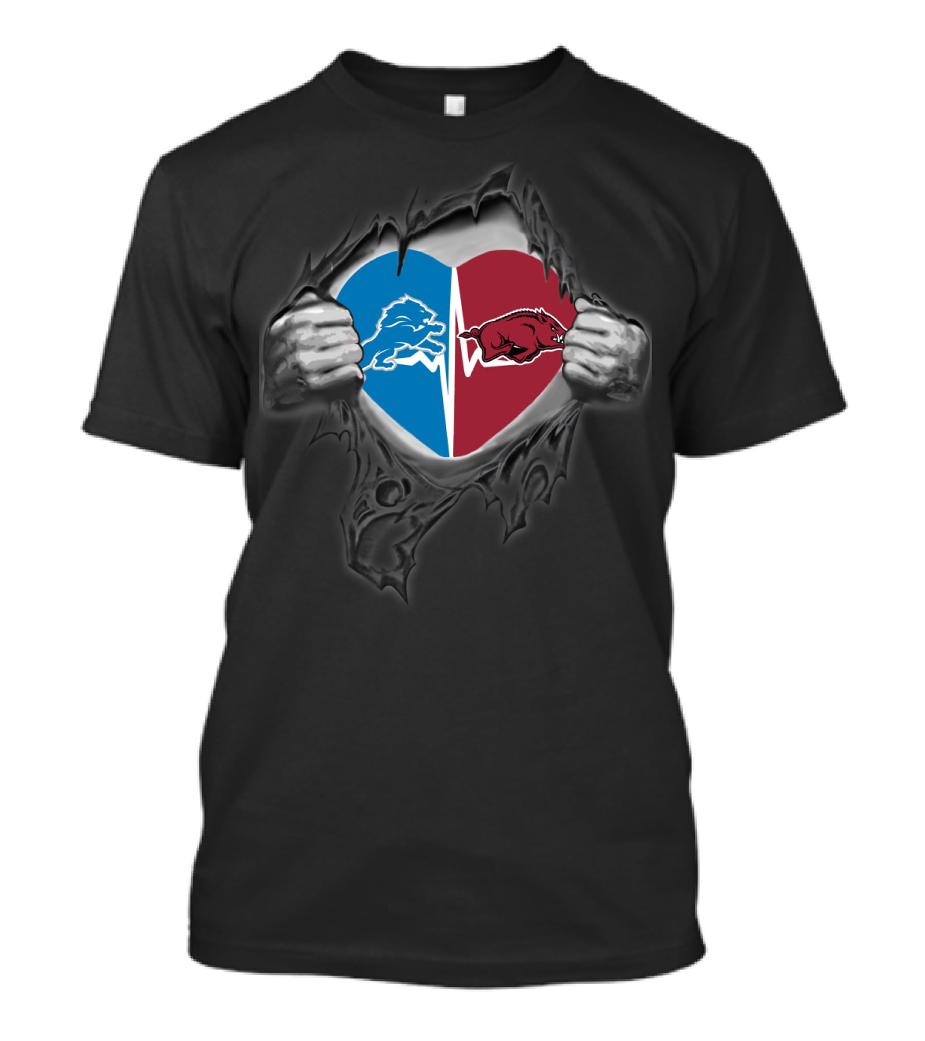 Detroit Lions Arkansas Razorbacks Heart Tear T-Shirt