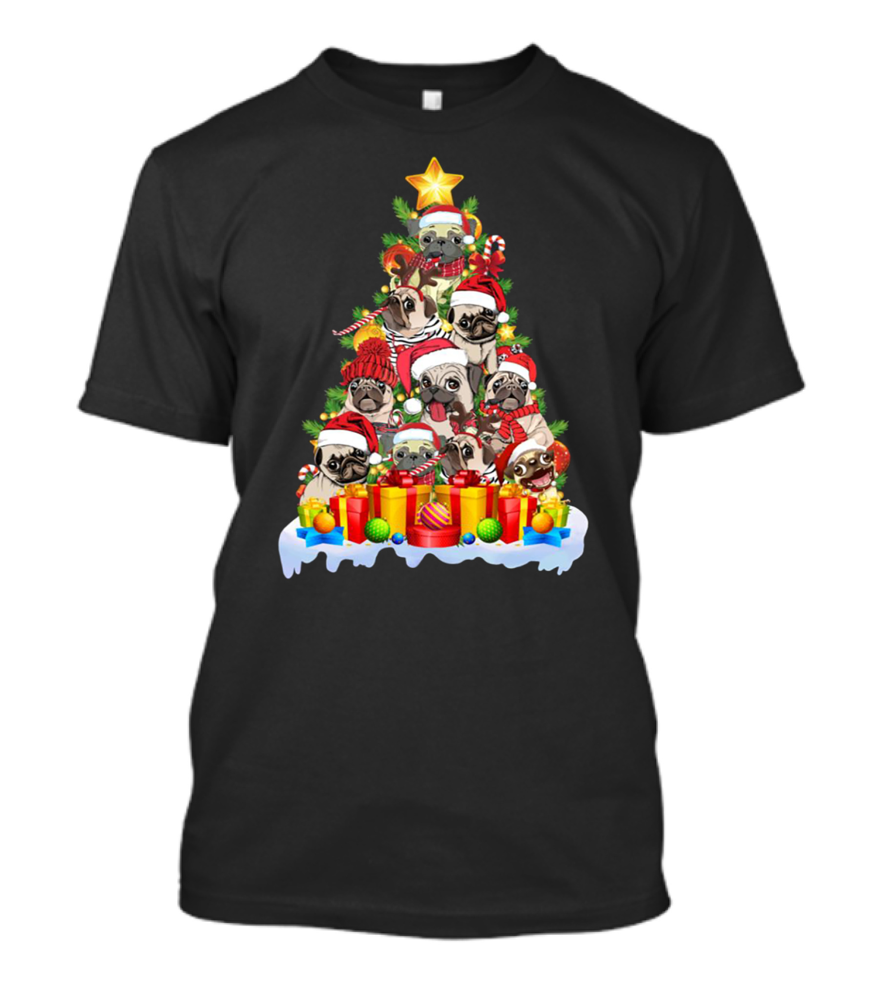 Pug Christmas Tree With Santa Hats And Presents T-Shirt