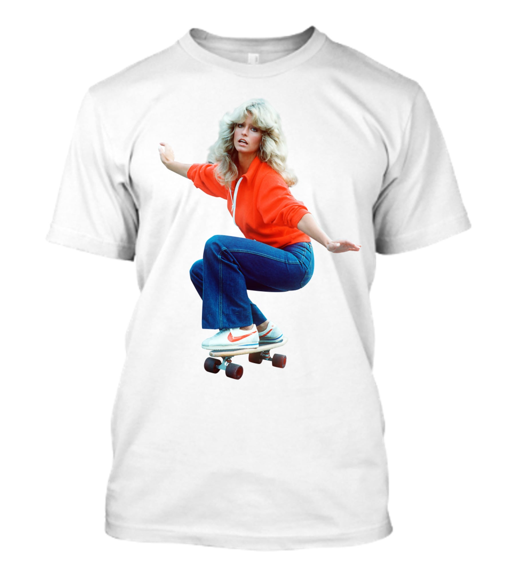 Farrah Fawcett Iconic Skateboarding Pose In Red Sweater And Sneakers T-Shirt