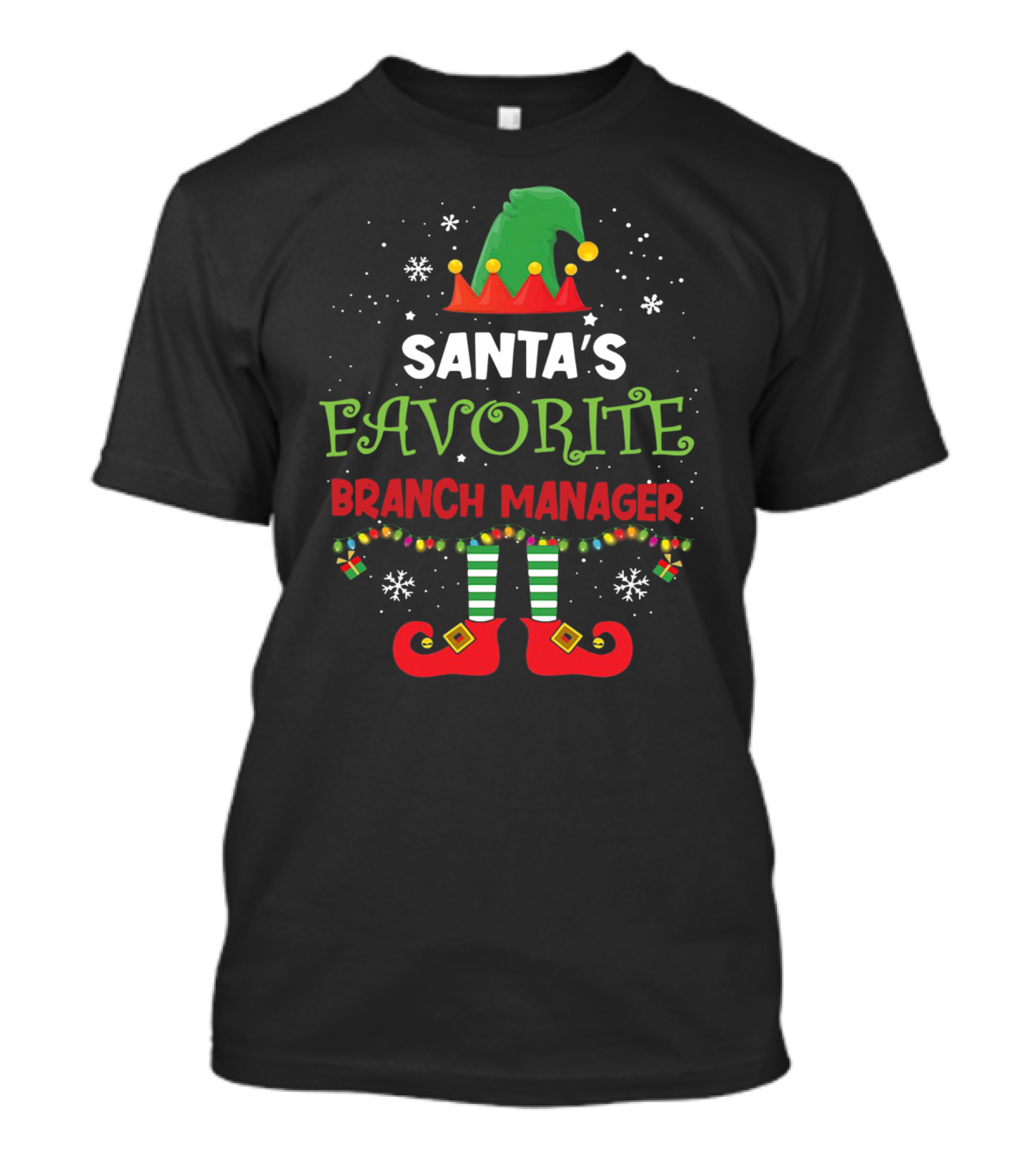 Santa's Favorite Branch Manager Elf Christmas Lights Hat Snowflakes T-Shirt