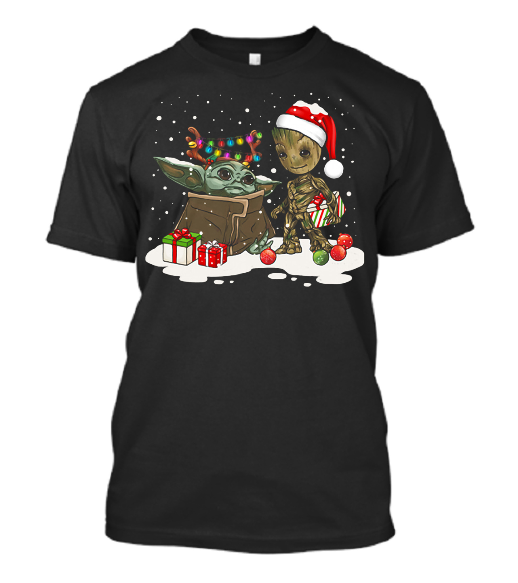 Baby Yoda And Baby Groot Christmas Santa Hat Lights T-Shirt