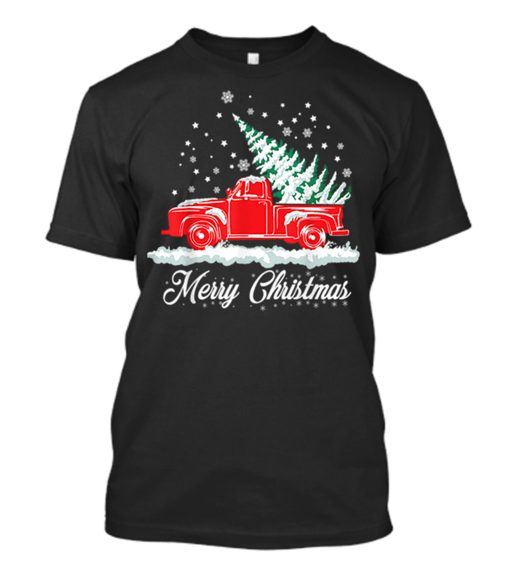 Merry Christmas Classic Old Red Truck With XMAS Tree Snowflakes T-Shirt