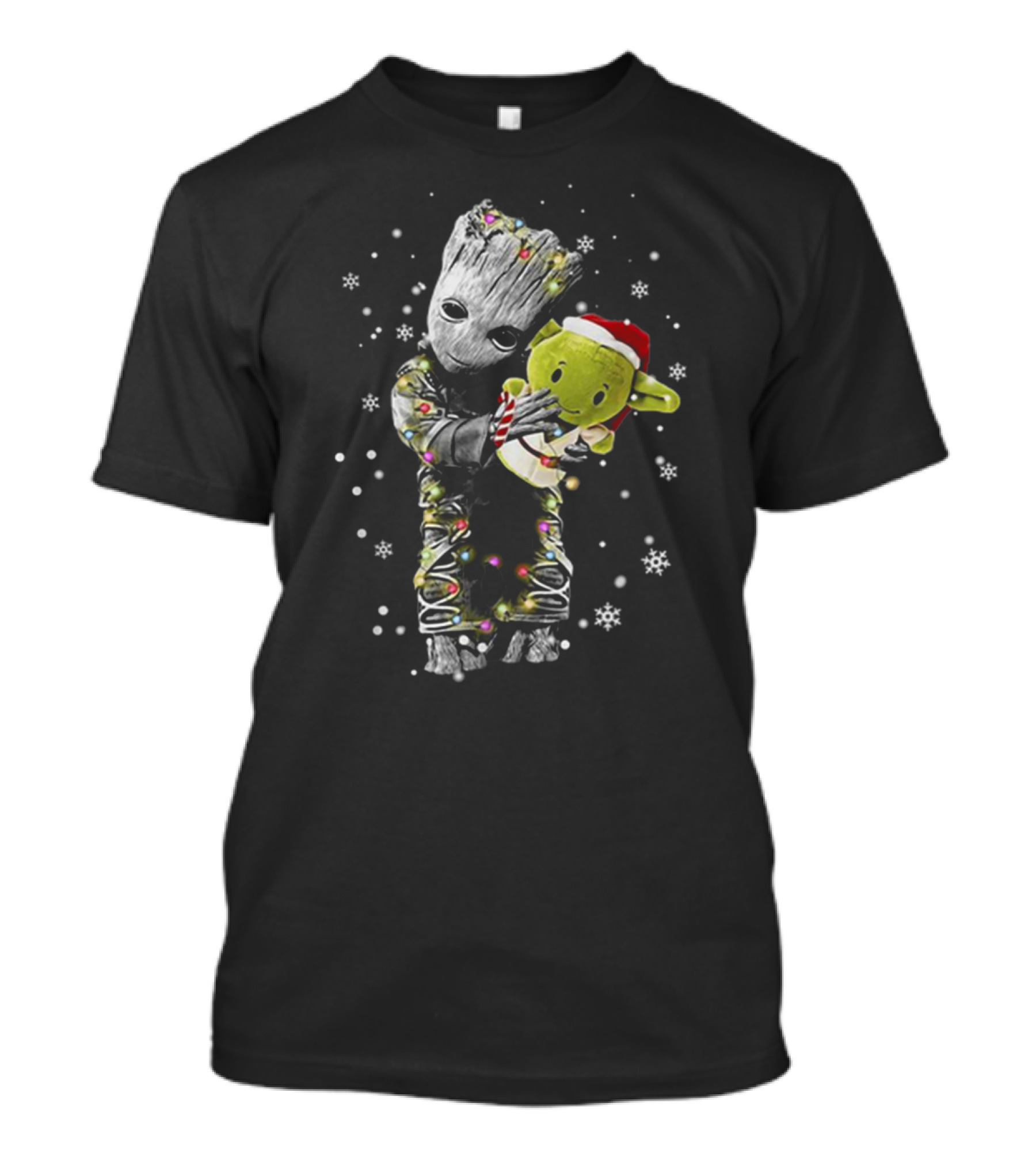 Baby Groot Hugging Baby Yoda Christmas Lights Snowflakes T-Shirt