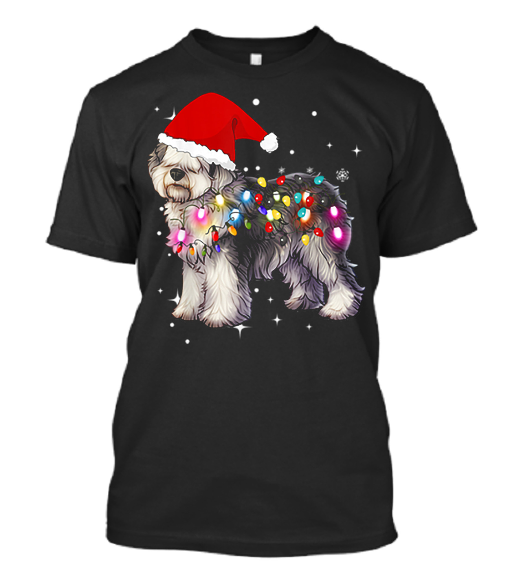 Christmas Lights Olde English Sheepdog Santa Hat T-Shirt