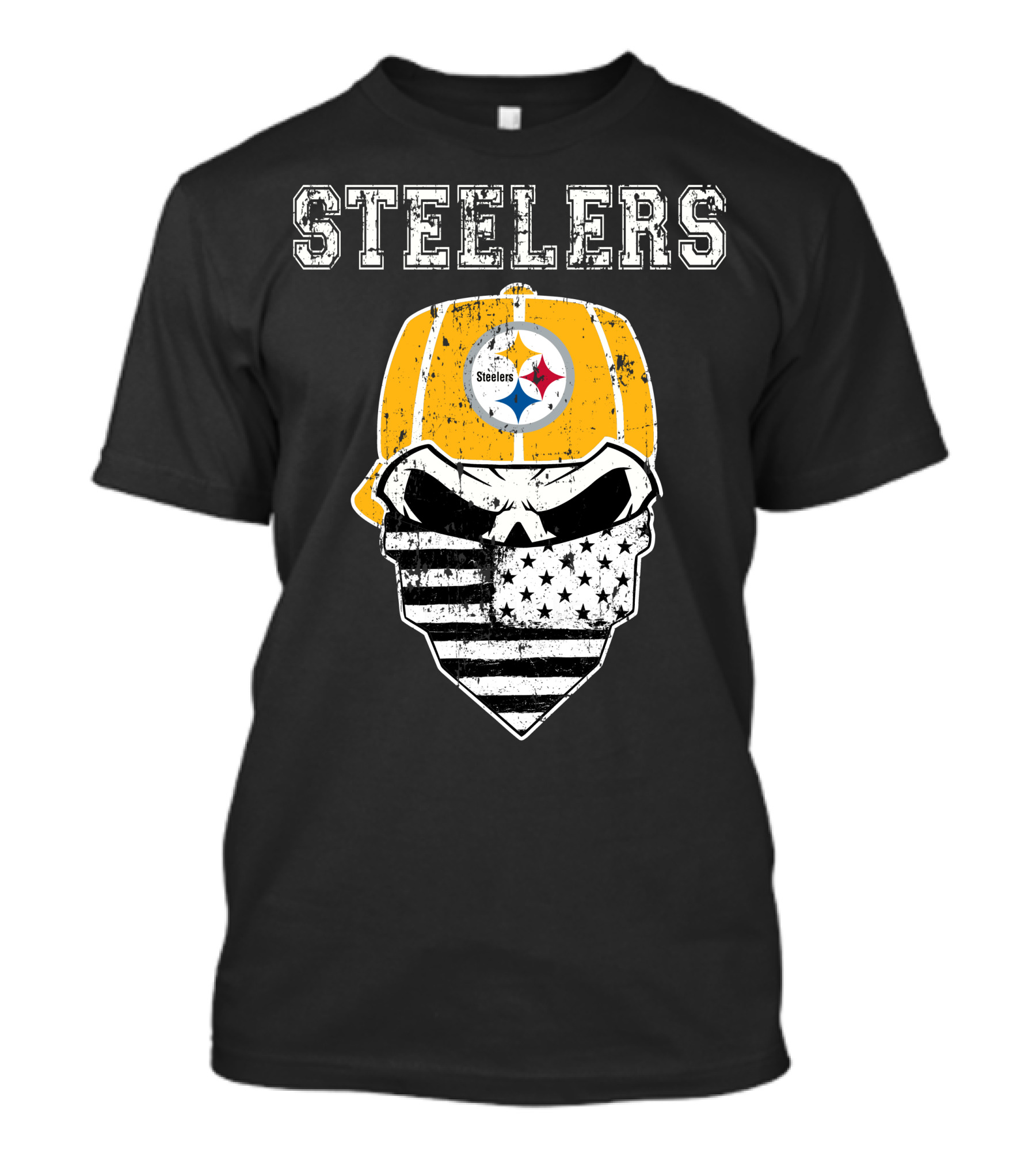 Steelers Skull With American Flag Bandana And Hat T-Shirt