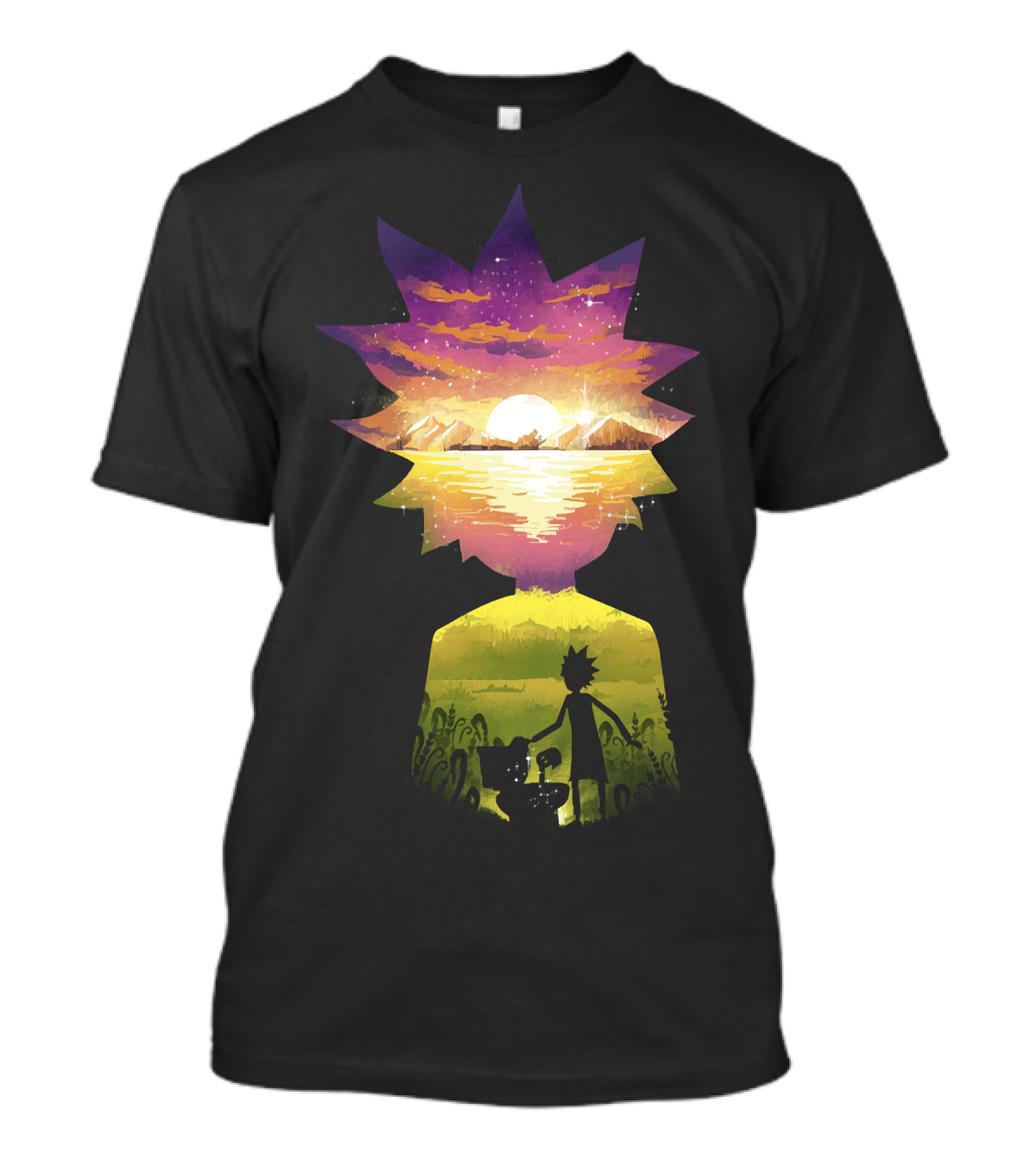 Rick And Morty Cosmic Sunset Adventure Scene T-Shirt