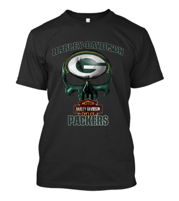 Harley Davidson Skull Green Bay Packers Nfl Motor Cycles T-Shirt