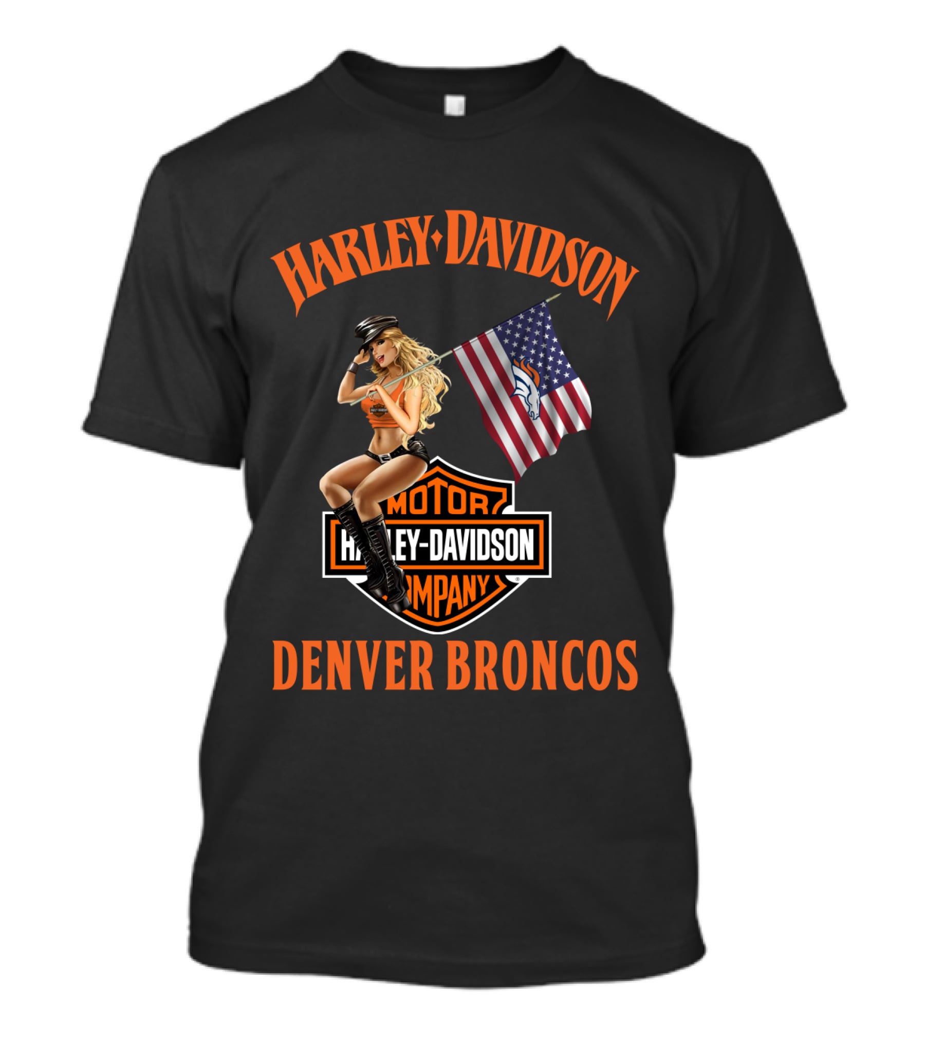 Harley Davidson Denver Broncos Nfl Flag And Pin-Up Girl T-Shirt
