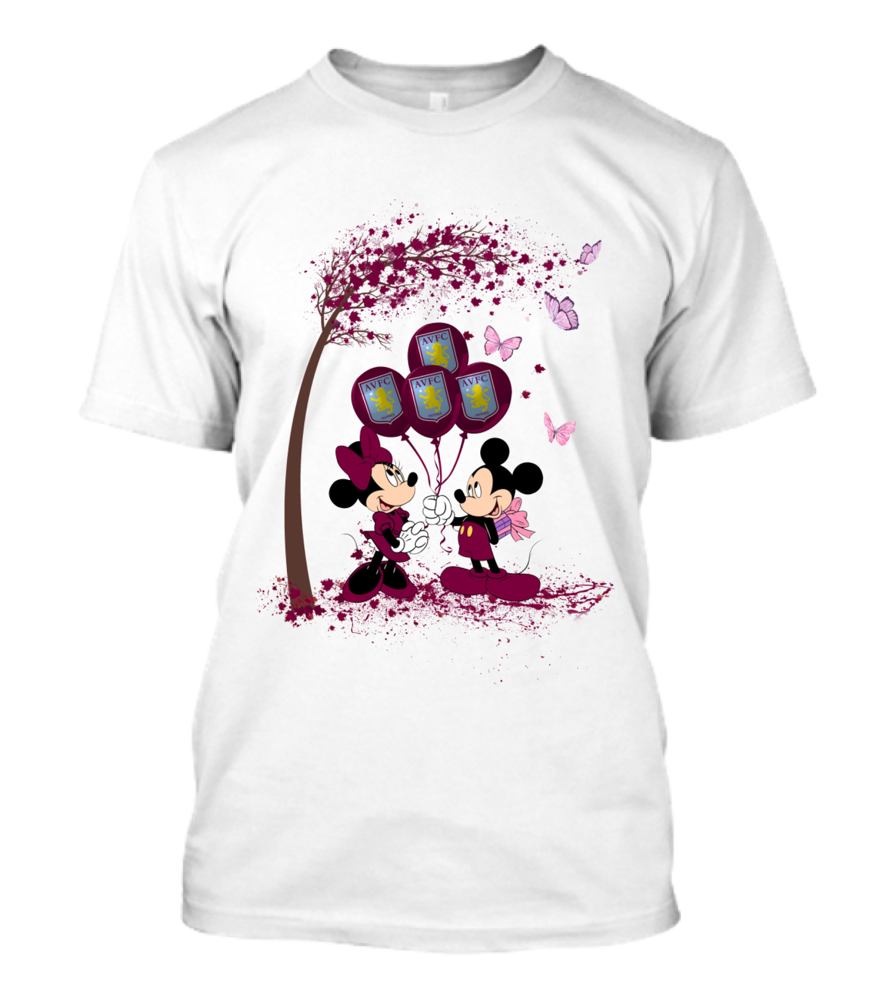 Aston Villa AVFC Balloons With Mickey And Minnie Under Cherry Blossom Tree T-Shirt