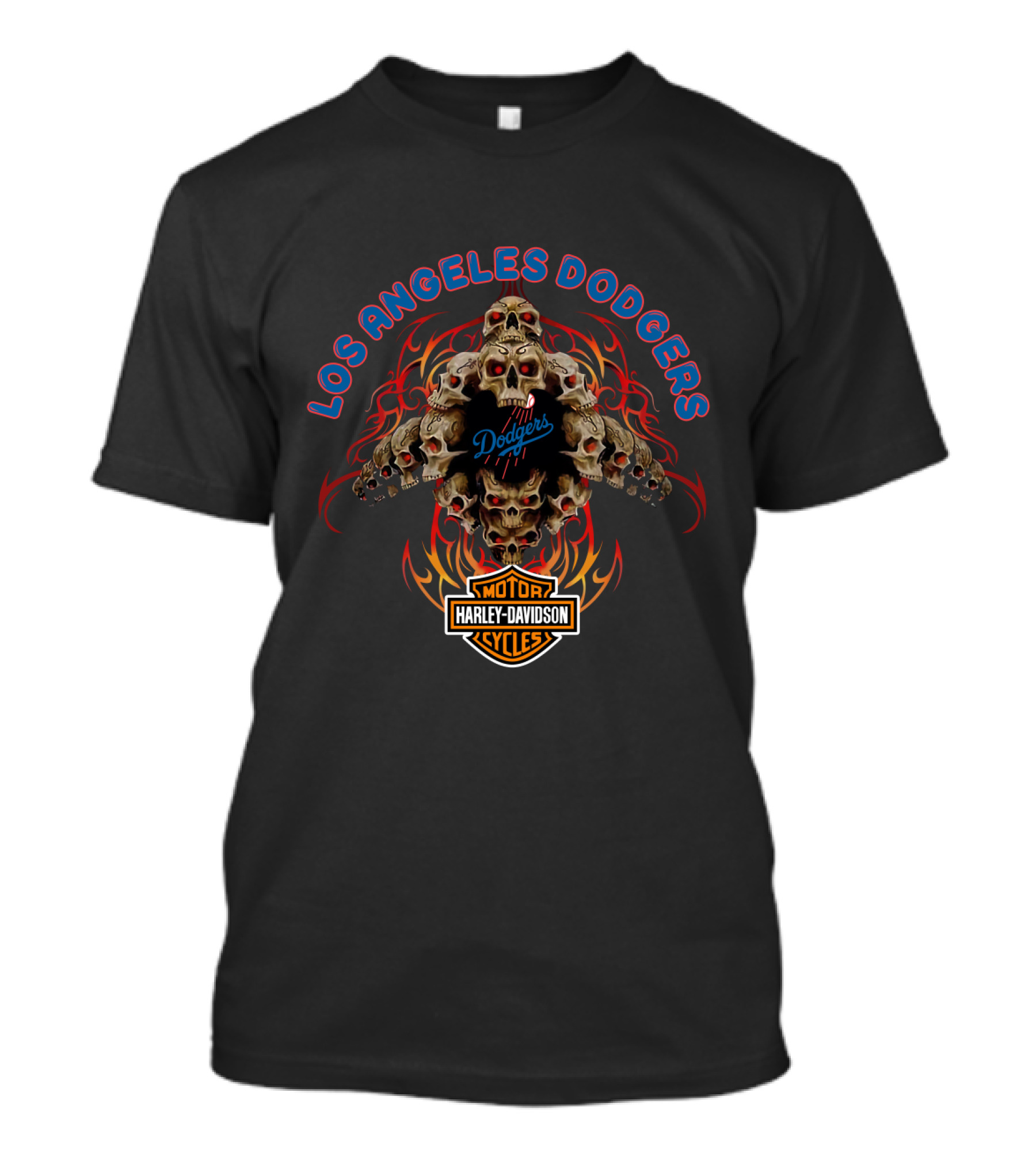 Los Angeles Dodgers Harley Davidson Skull Flame Motorcycle T-Shirt