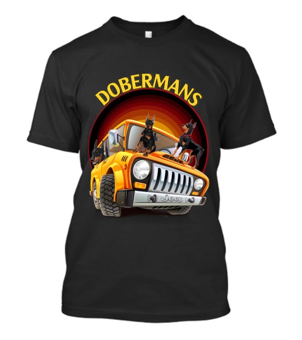 Dobermans Riding Yellow Jeep Adventure T-Shirt
