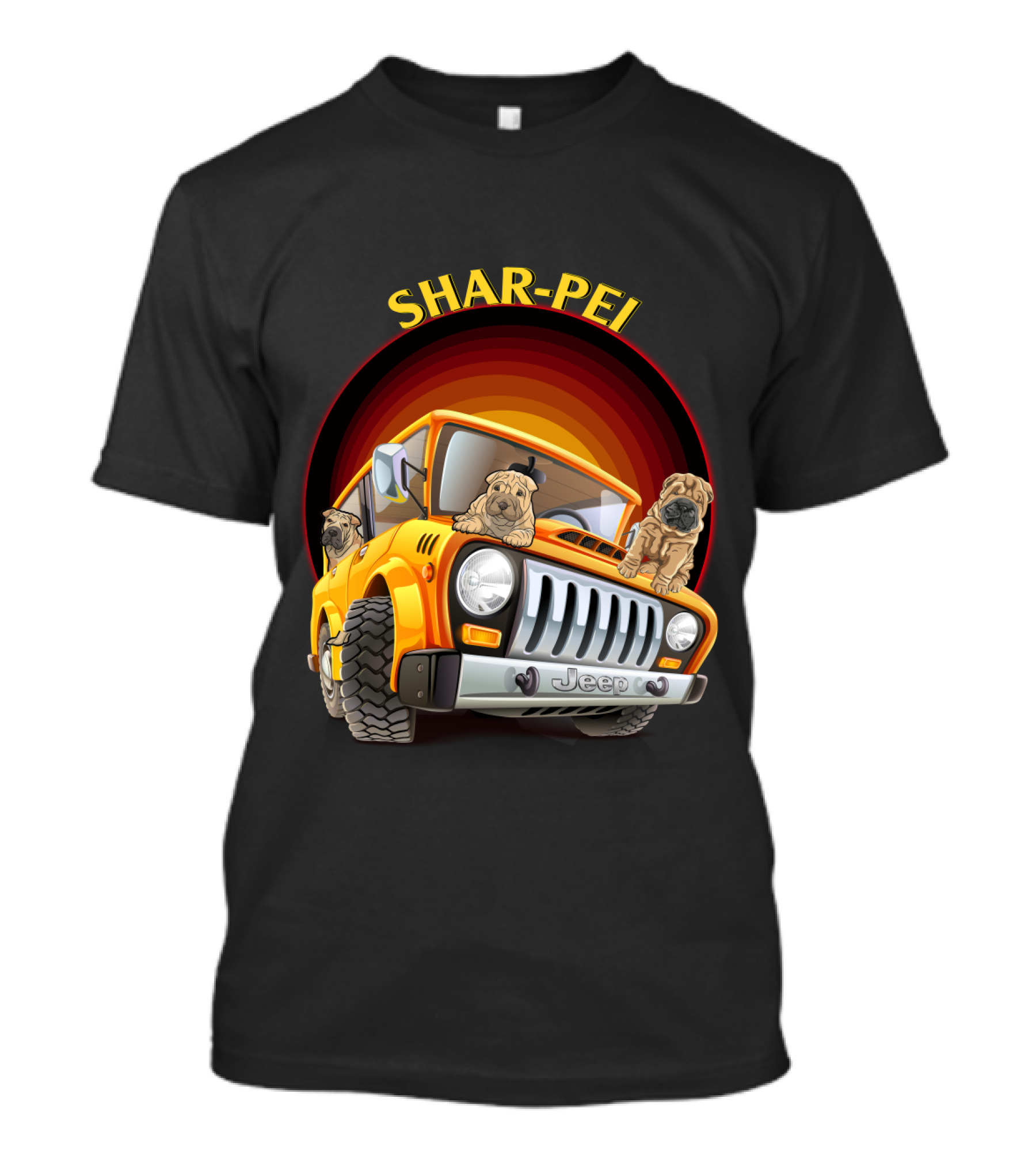 Shar-Pei Jeep Orange With Three Puppies T-Shirt