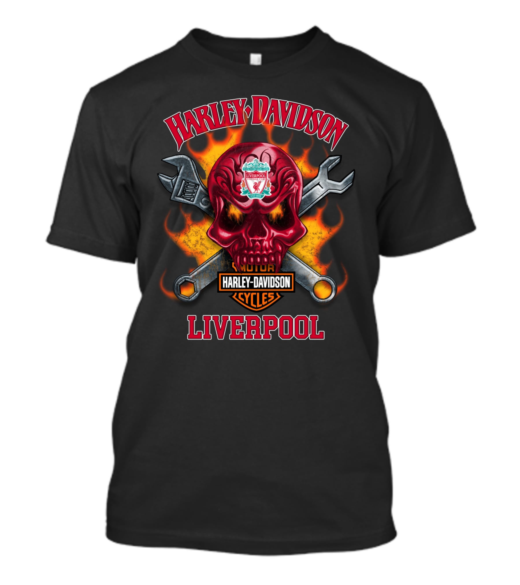 Harley Davidson Motorcycle Cycles Liverpool Skull Wrench Flames T-Shirt