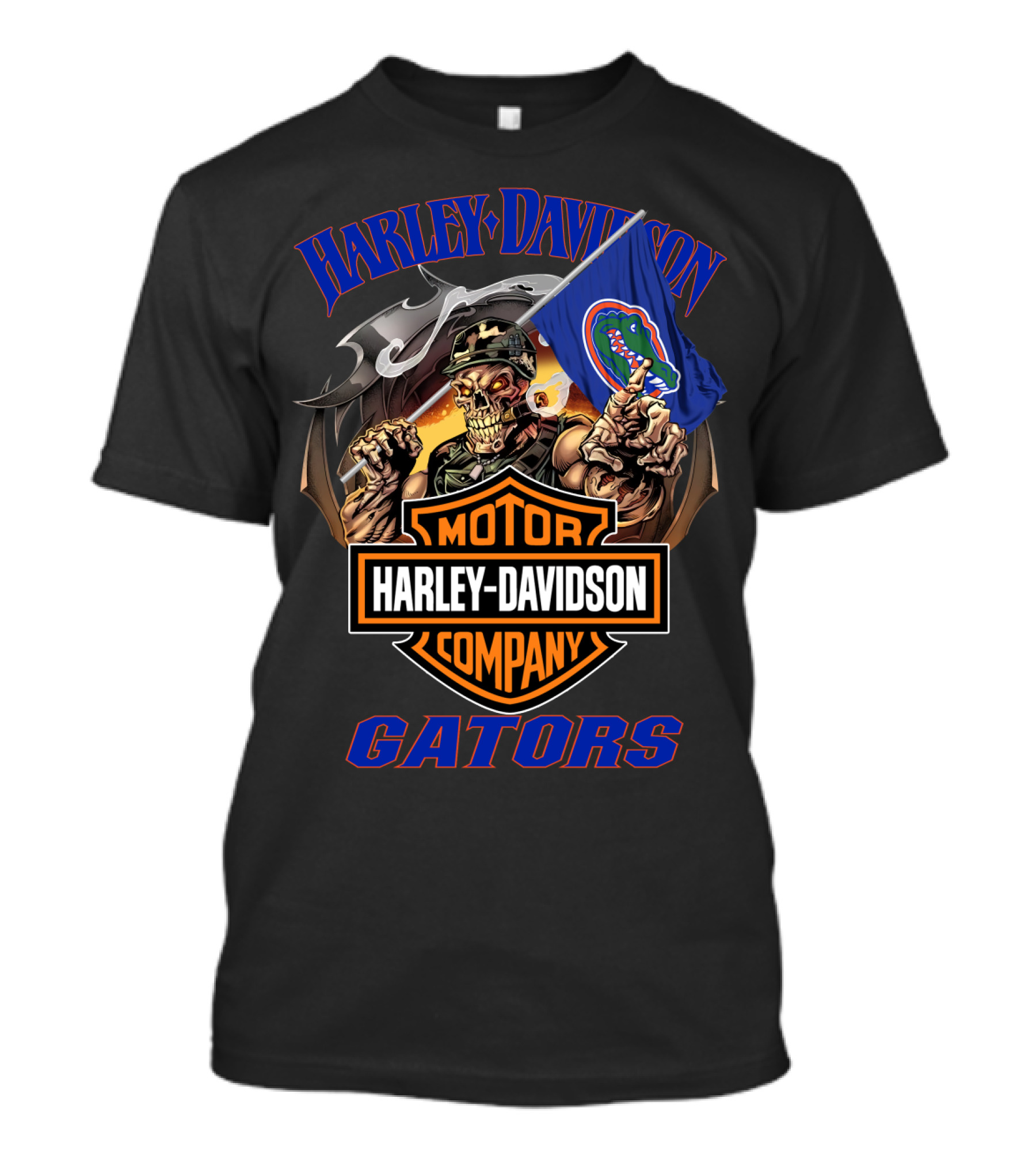 Harley Davidson Gators Skeleton With Florida Gators Flag T-Shirt