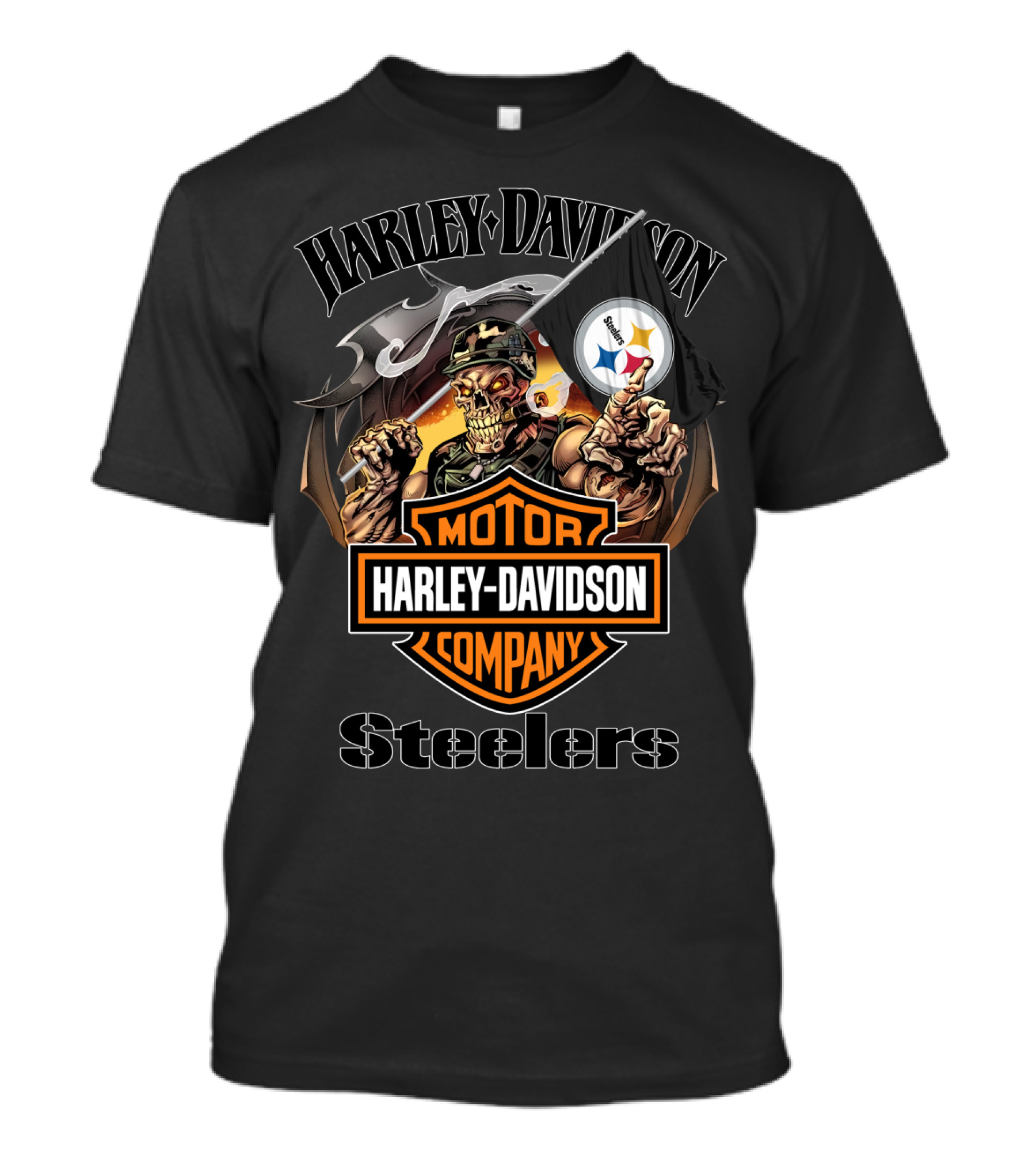 Harley Davidson Company Steelers Skull Holding Pittsburgh Flag T-Shirt