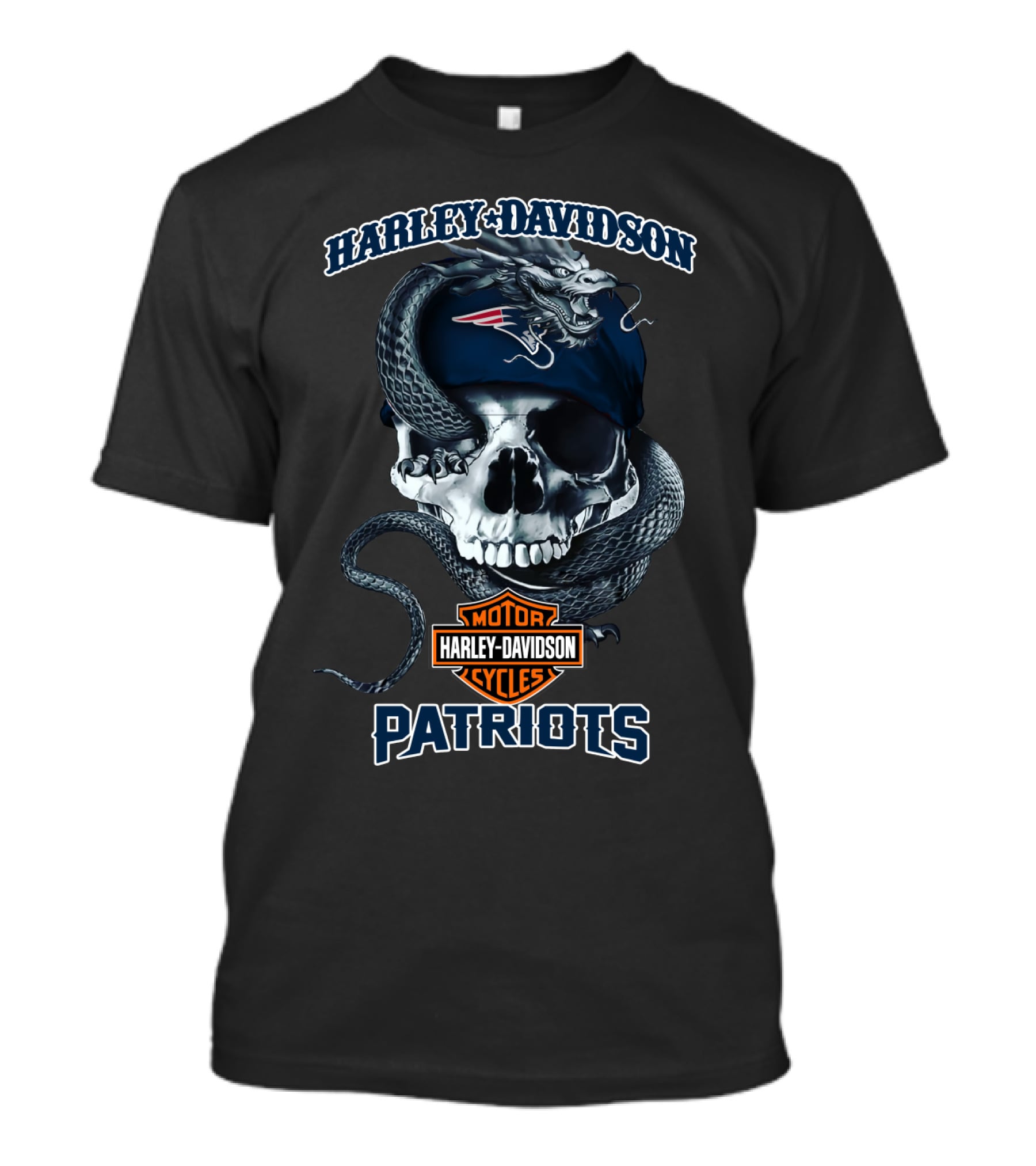Harley Davidson Motor Cycles New England Patriots Skull And Dragon T-Shirt