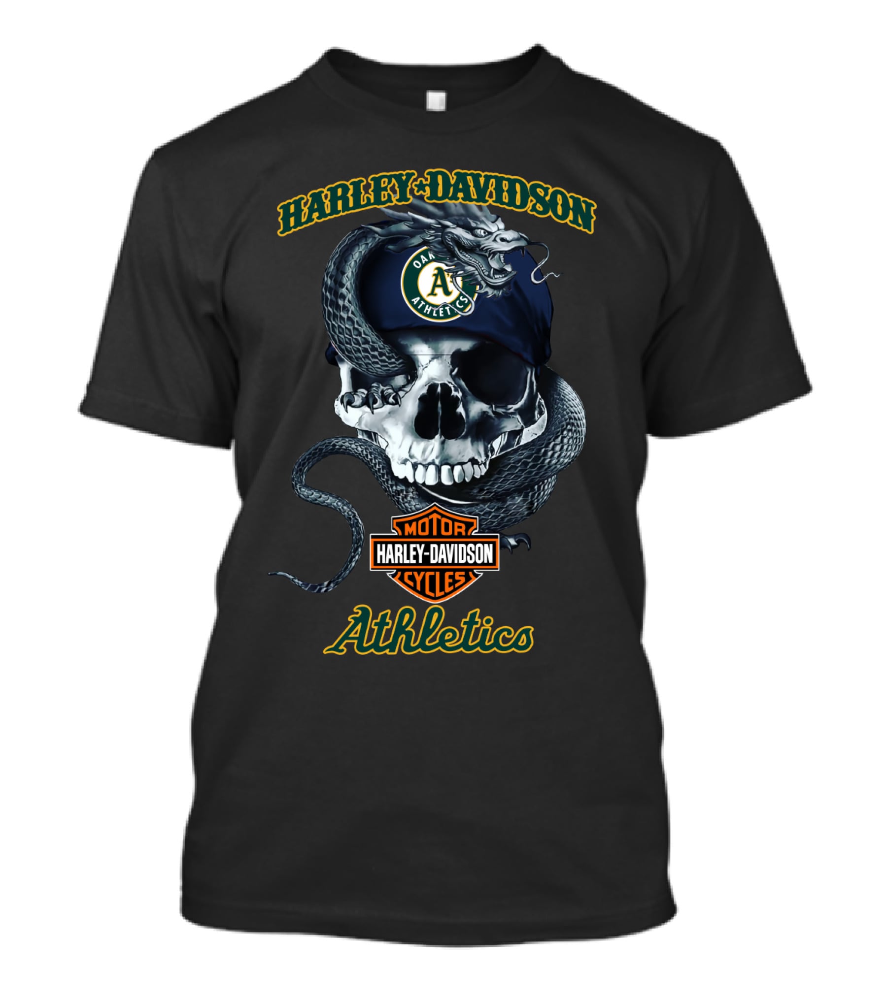 Harley Davidson Oakland Athletics Skull And Snake Graphic With Logos T-Shirt