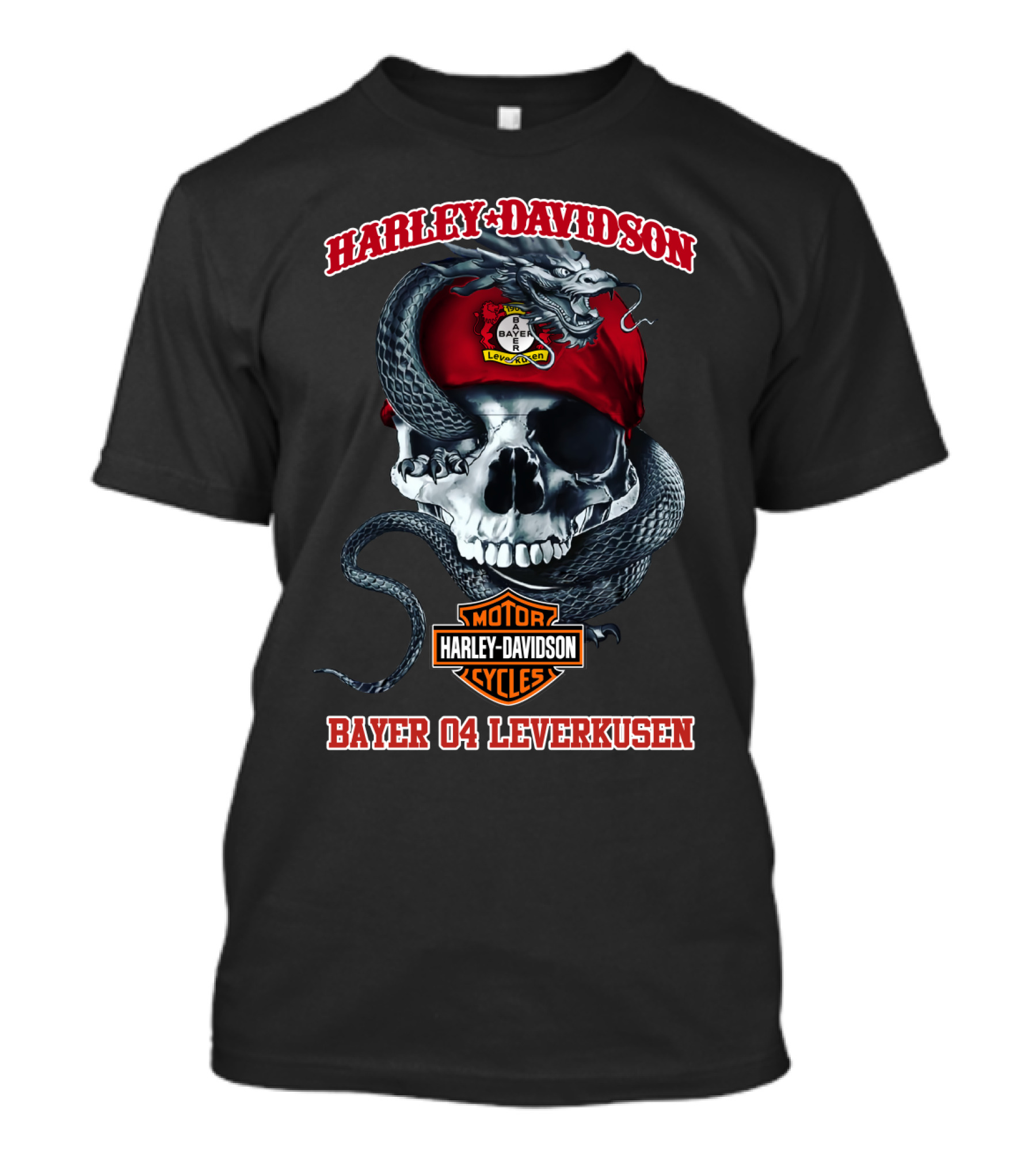 Harley Davidson Bayer 04 Leverkusen Skull Motif With Snake And Logos T-Shirt