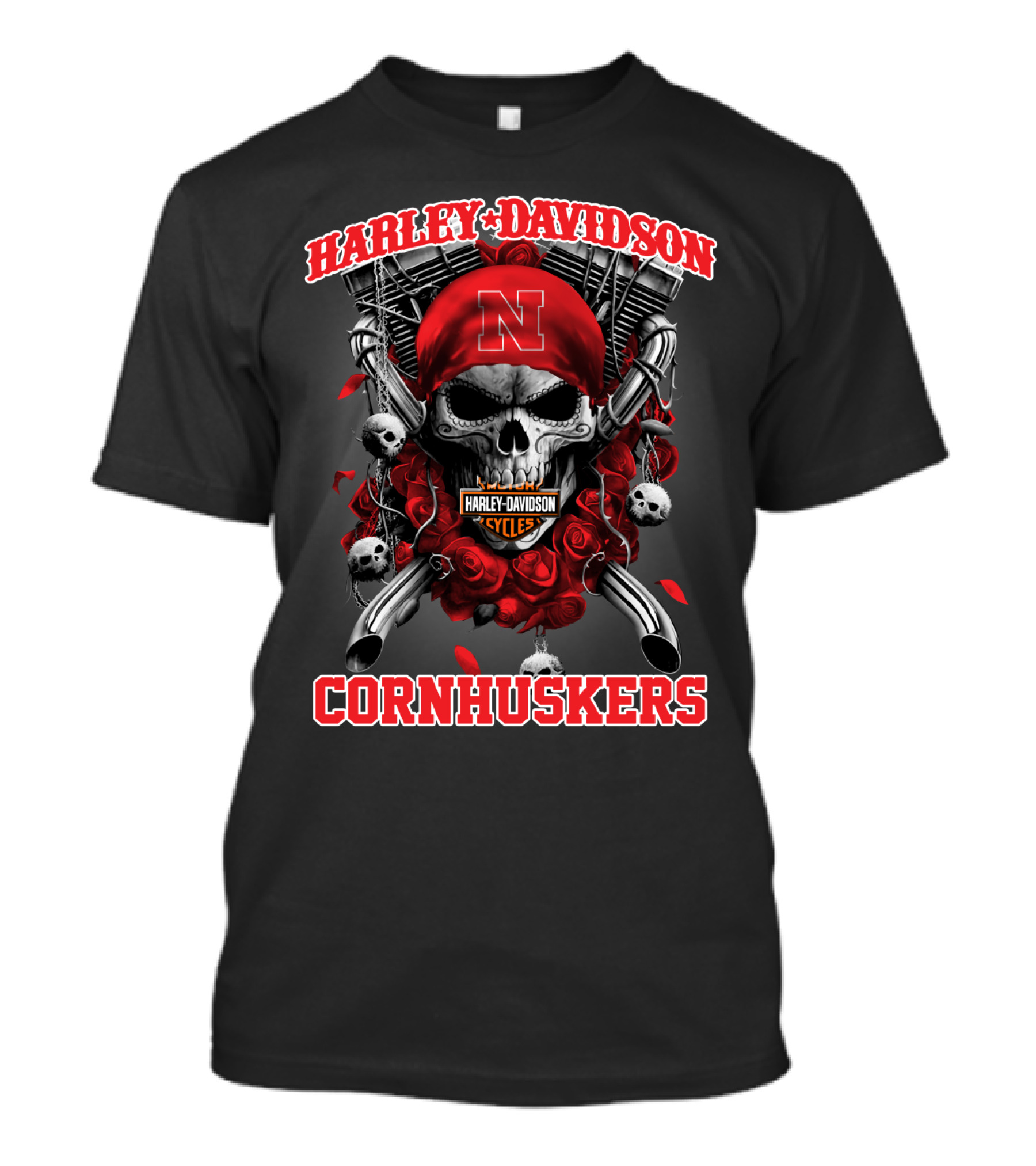 Harley Davidson Nebraska Cornhuskers Skull And Roses T-Shirt