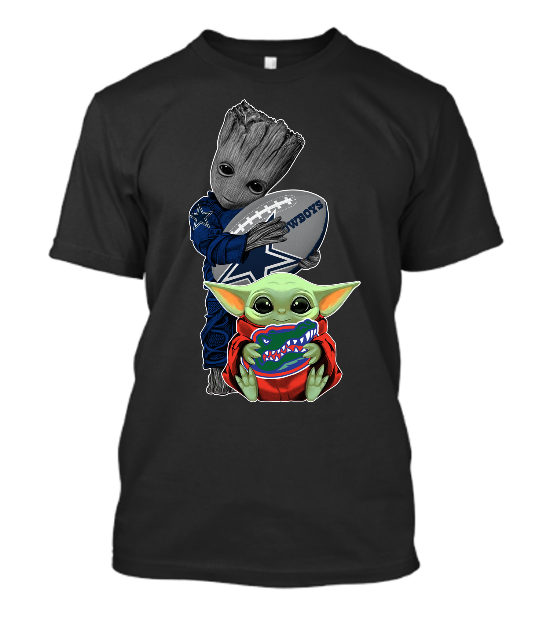 Cowboys Groot With Football And Baby Gator Yoda Gators T-Shirt