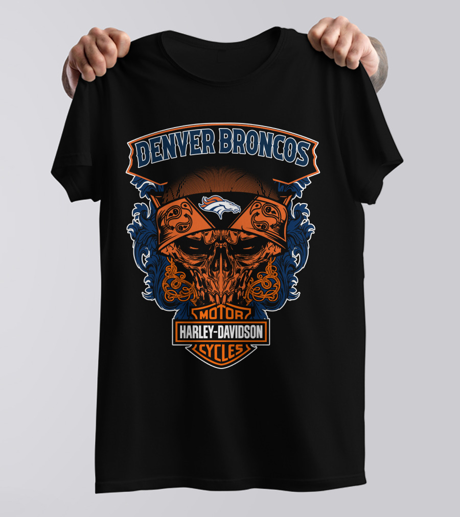 Denver Broncos Harley Davidson Motor Cycles Skull T-Shirt
