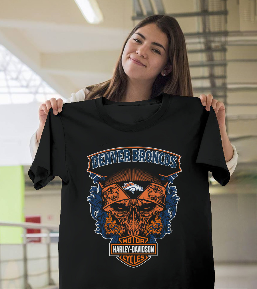 Denver Broncos Harley Davidson Motor Cycles Skull T-Shirt