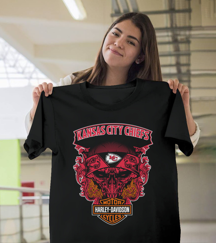 Kansas City Chiefs Harley Davidson Motorcycles Skull T-Shirt