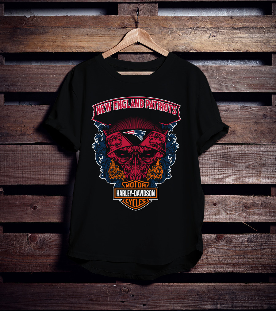 New England Patriots Skull Harley Davidson Motorcycles T-Shirt
