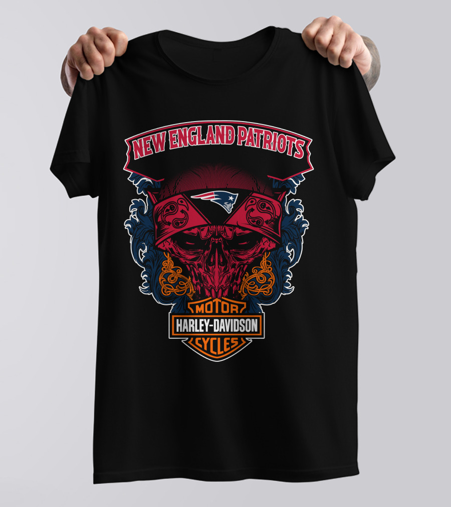 New England Patriots Skull Harley Davidson Motorcycles T-Shirt