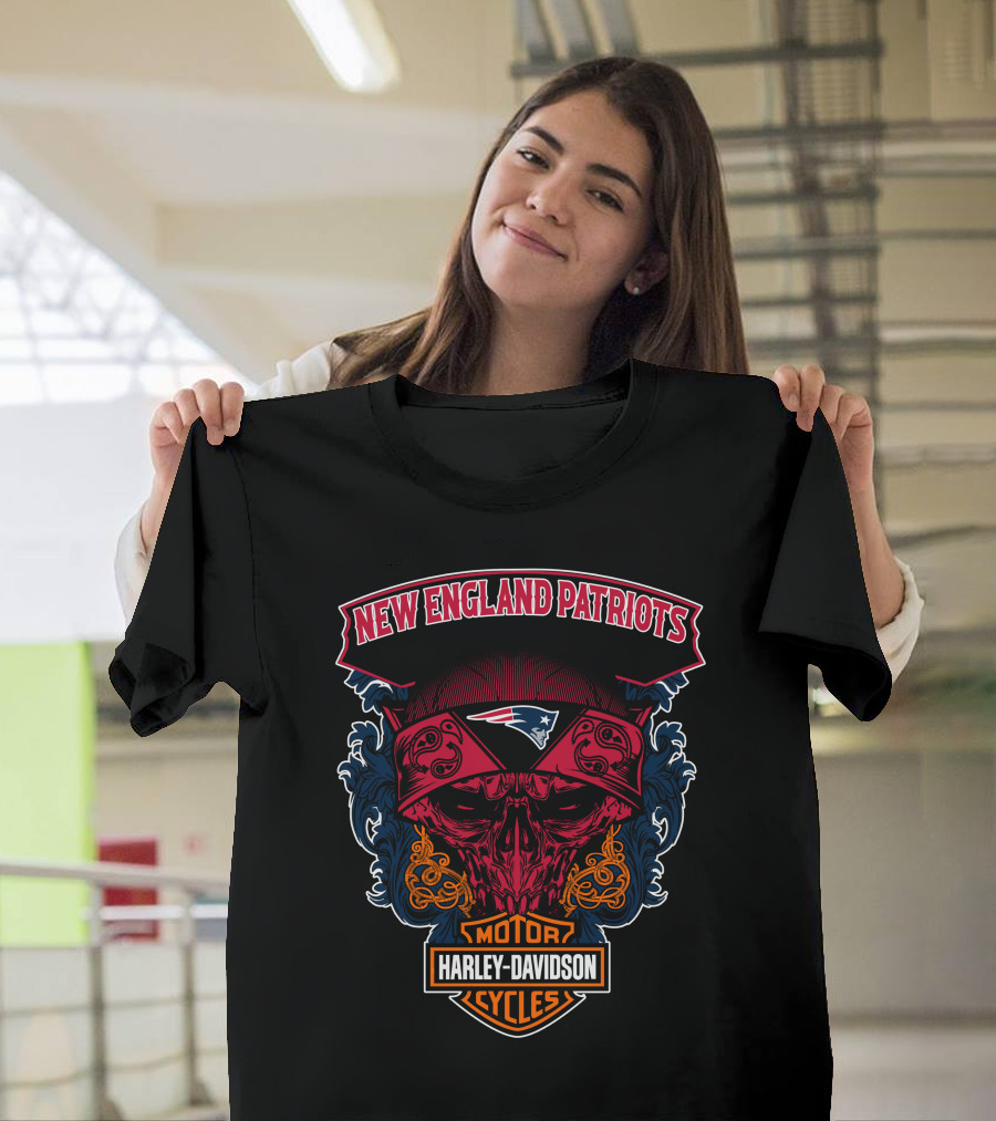New England Patriots Skull Harley Davidson Motorcycles T-Shirt